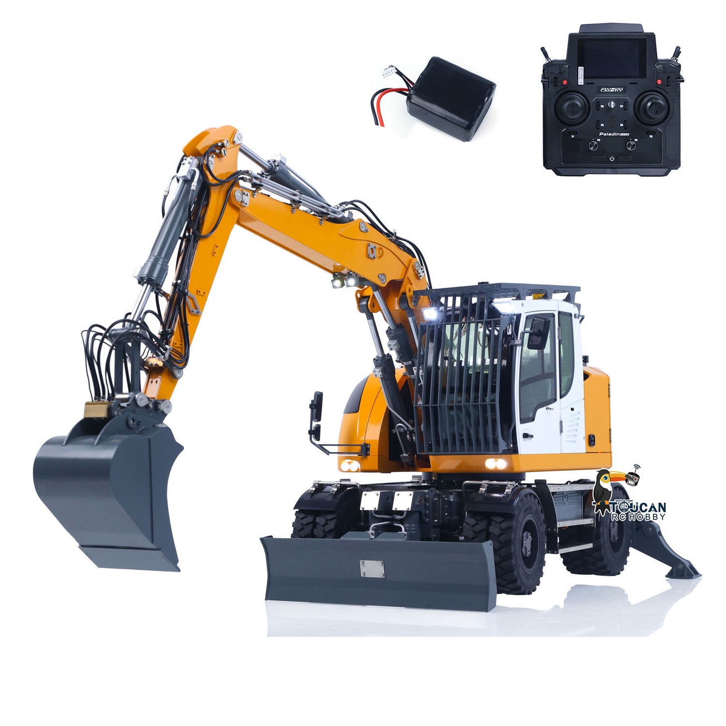 CUT Model LR914 PRO MAX 1/14 Metal RC Hydraulic Wheel Excavator RTR 11-Way Valve Axles Differential Lock Light & Sound System Quick Release Coupler Tail Hook for Hobby Collectors