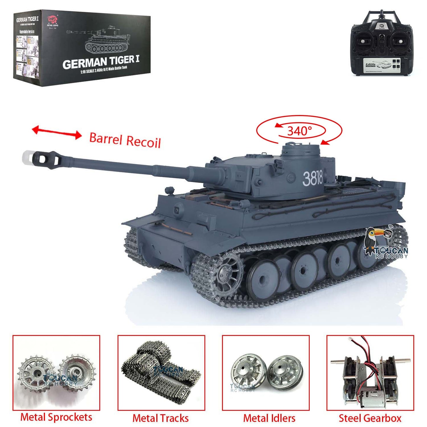 TOUCAN RC HOBBY Henglong 1/16 TK7.0 Promotion German Tiger I 3818 RTR RC Tank Barrel Recoil BB IR Smoke Metal Tracks Sprockets Idlers Wheels