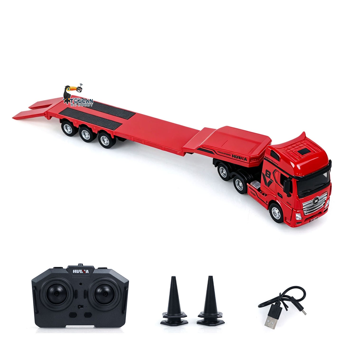 HUINA 9900 1/64 Plastic Remote Control Tractor Truck W/ 3Axle Plastic Semi Flatbed Trailer Lights Sound Effect Manual Support Legs
