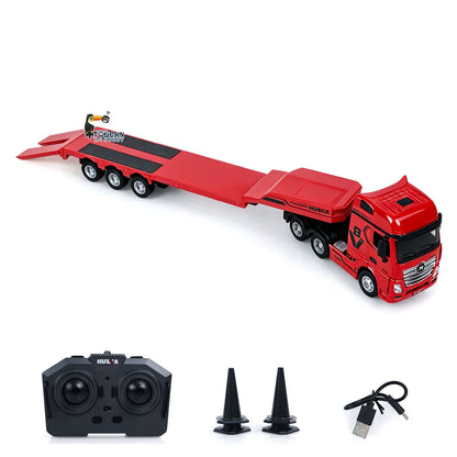 HUINA 9900 1/64 Plastic Remote Control Tractor Truck W/ 3Axle Plastic Semi Flatbed Trailer Lights Sound Effect Manual Support Legs