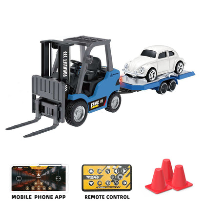 1/64 2.4GHz Remote Control Forklift Half Alloy RC Vehicle Light Sound Effect W/ Mini Trailer Car Tabletop Model Collection