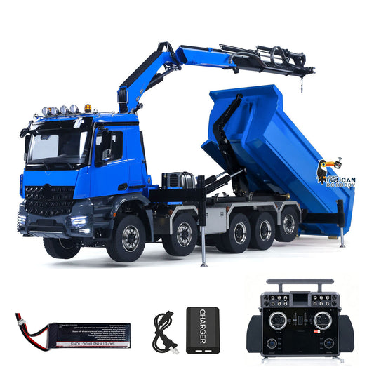 1/14 10x10 Metal RC Hydraulic Roll on off Crane Dumper Truck Tipper Vehicle 3-Speed Gearbox Rear Steering Lift XELite Controller 9-way Reversing Valve Light