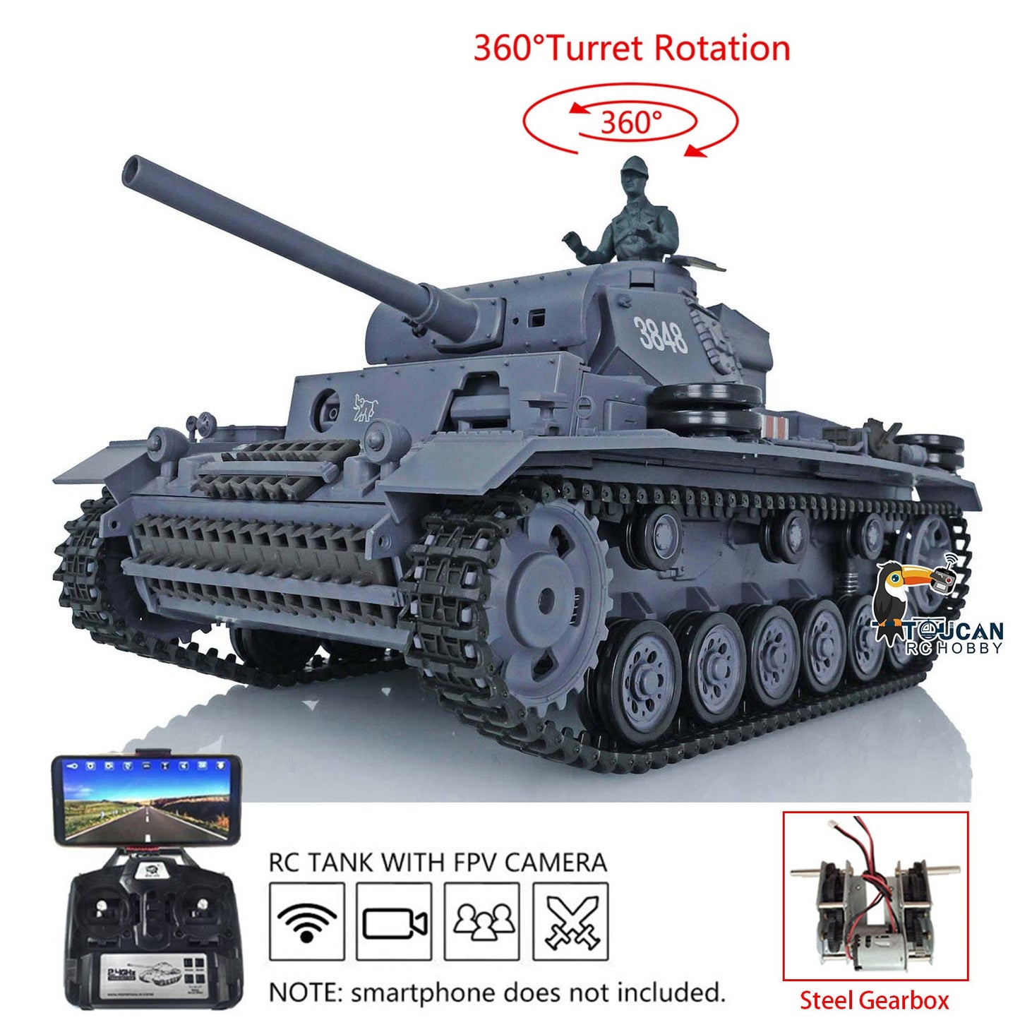 TOUCAN RC HOBBY Henglong 1/16 Plastic 7.0 3848 3849 Panzer III H L RC Tank FPV 360 Degree Turret Infrared System BB Smoke Steel Driving Gearbox Metal Barrel
