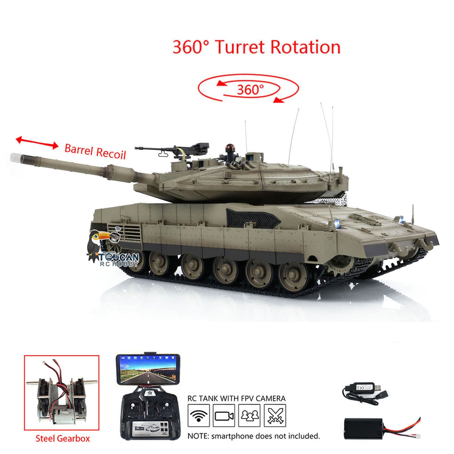 Henglong 3958 1/16 RC Tanks IDF Merkava MK IV Standard FPV Camera Driving Gearbox 360 Rotating Barrel Recoil Models