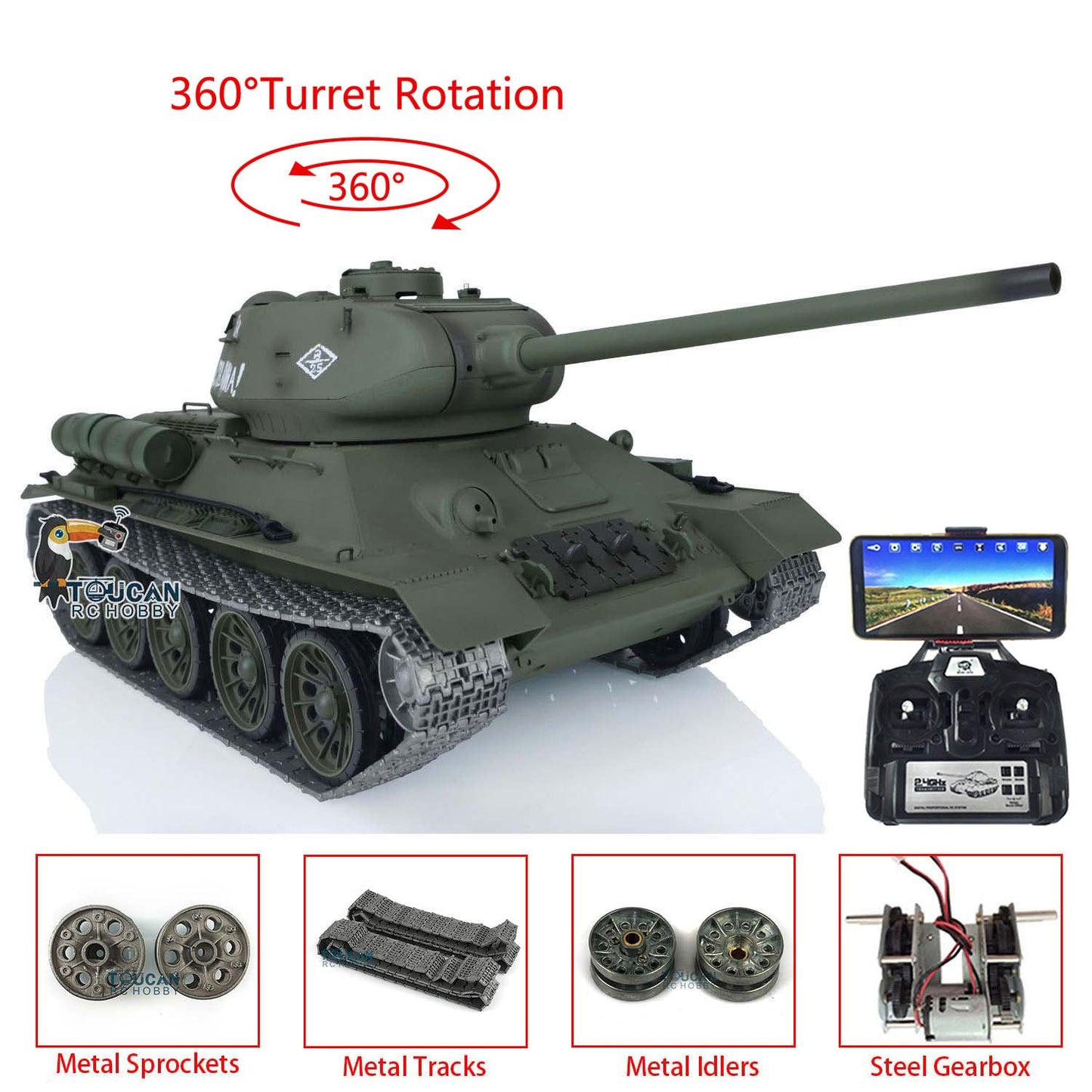 TOUCAN RC HOBBY Henglong 1/16 TK7.0 Promotion Soviet T34-85 RTR RC Tank 3909 with 360 Degrees Turret BB Infrared Combat Smoke Metal Sprockets Idlers Wheels