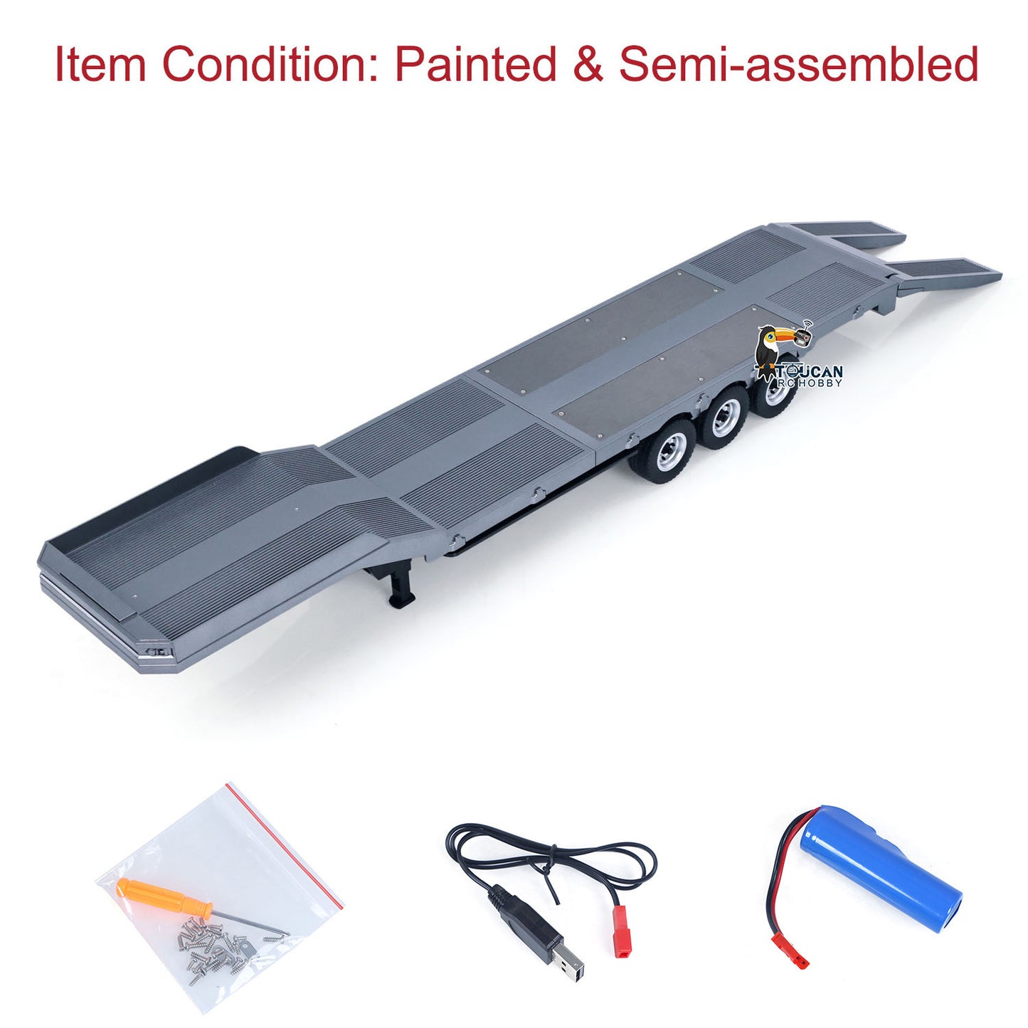 3 Axles Plastic Semi Trailer Flatbed 1502 for 1/18 RC Tractor Truck HUINA 1501 Lorry Car Model Upgrade Parts Electric Tail-Board & Lifting Legs Battery