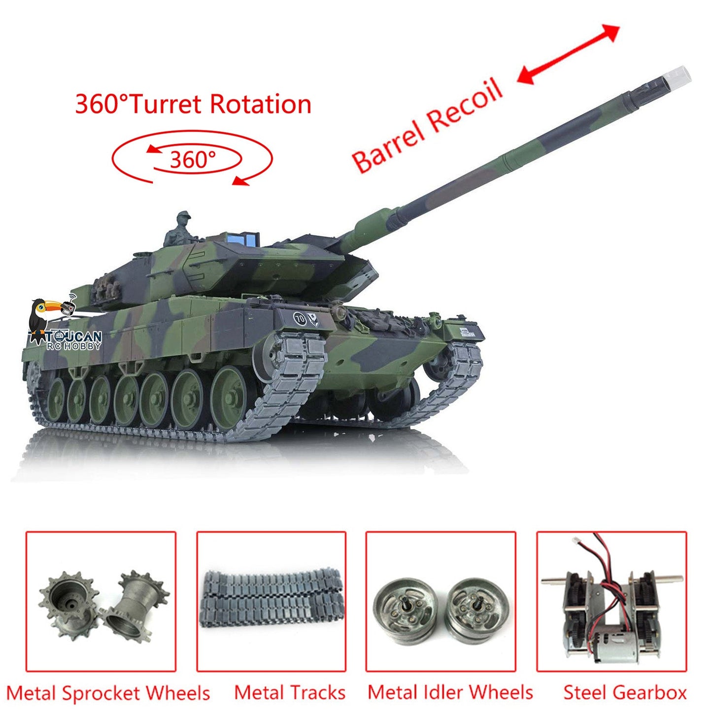 TOUCAN RC HOBBY Henglong 1/16 TK7.0 Promotion German Leopard2A6 RTR RC Tank 3889 with 360 Degrees Turret Barrel Recoil Smoke BB IR Metal Tracks Sprockets Idlers Wheels Gearbox