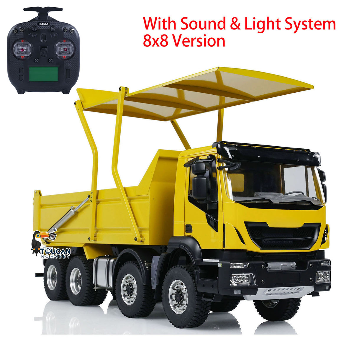 TOUCAN RC HOBBY MODOModel 1/14 Metal RC Hydraulic Dump Truck 8X8 Flip-Over Cover Lorry Vehicle Light Sound System Flysky ST8 Controller for Model Enthusiast