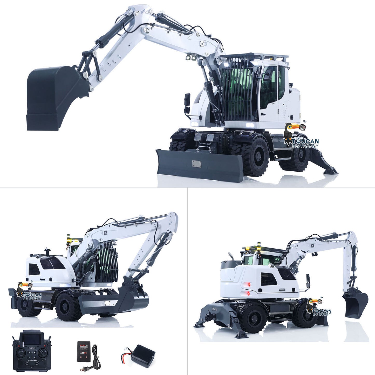 Metal 1:14 RC Hydraulic Wheeled Excavator LR914 Radio Control 8CH Valves Digger Model Front Axle Lock Flysky PL18EV Lite Lights