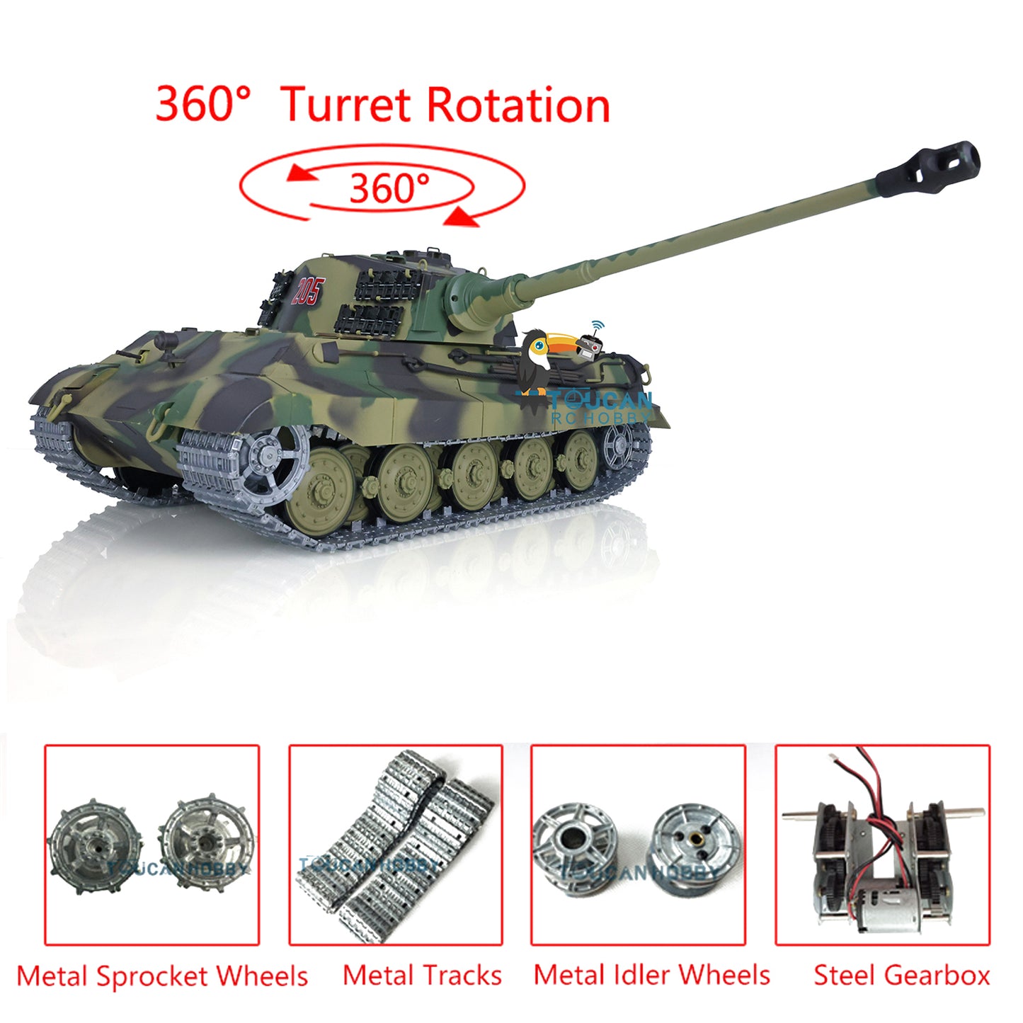 Henglong 1/16 7.0 Radio Control Tank German King Tiger Upgraded 3888A RC Tank W/ 360Degrees Rotating Turret Metal Tracks BB Shooting