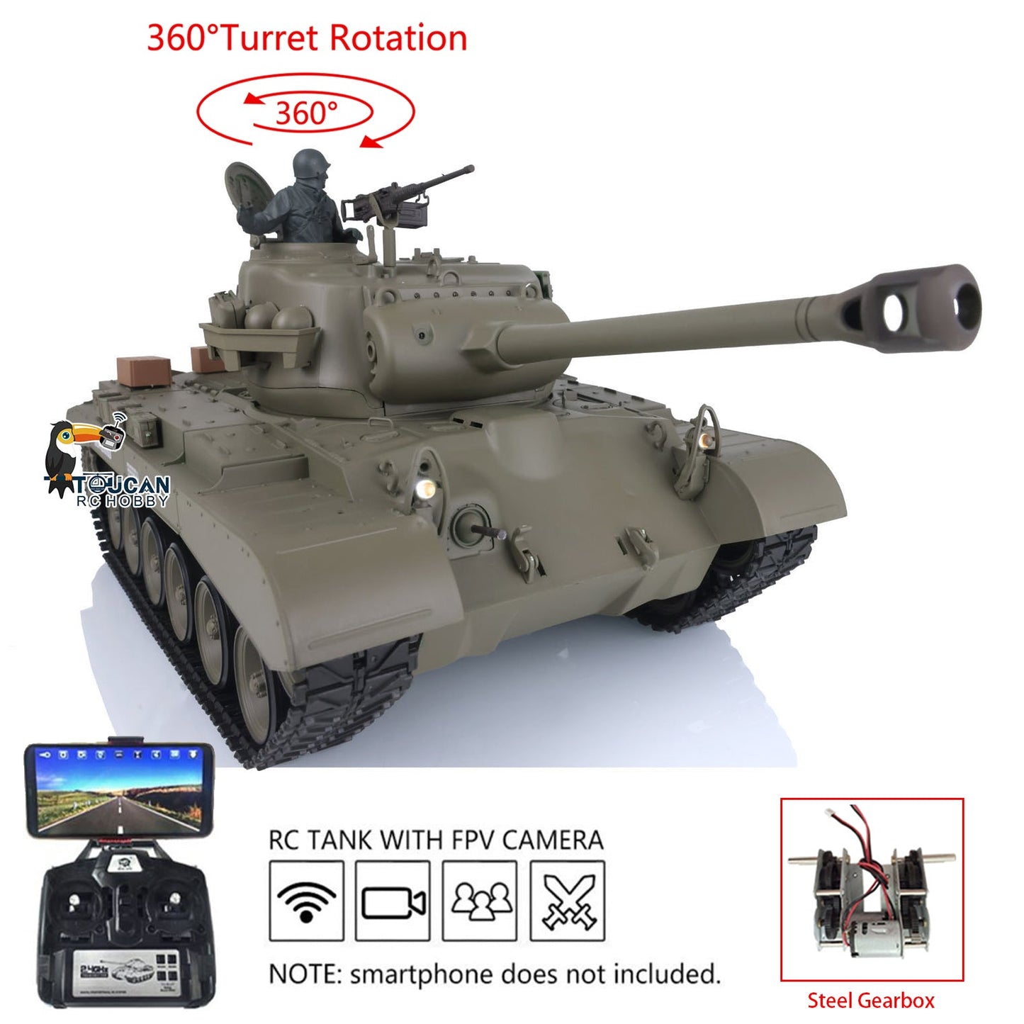 TOUCAN RC HOBBY Henglong 1/16 Plastic TK7.0 3838 M26 RTR RC Tank Steel Gearbox FPV 360 Degrees Turret Infrared System Smoke BB Unit Sounds Lights