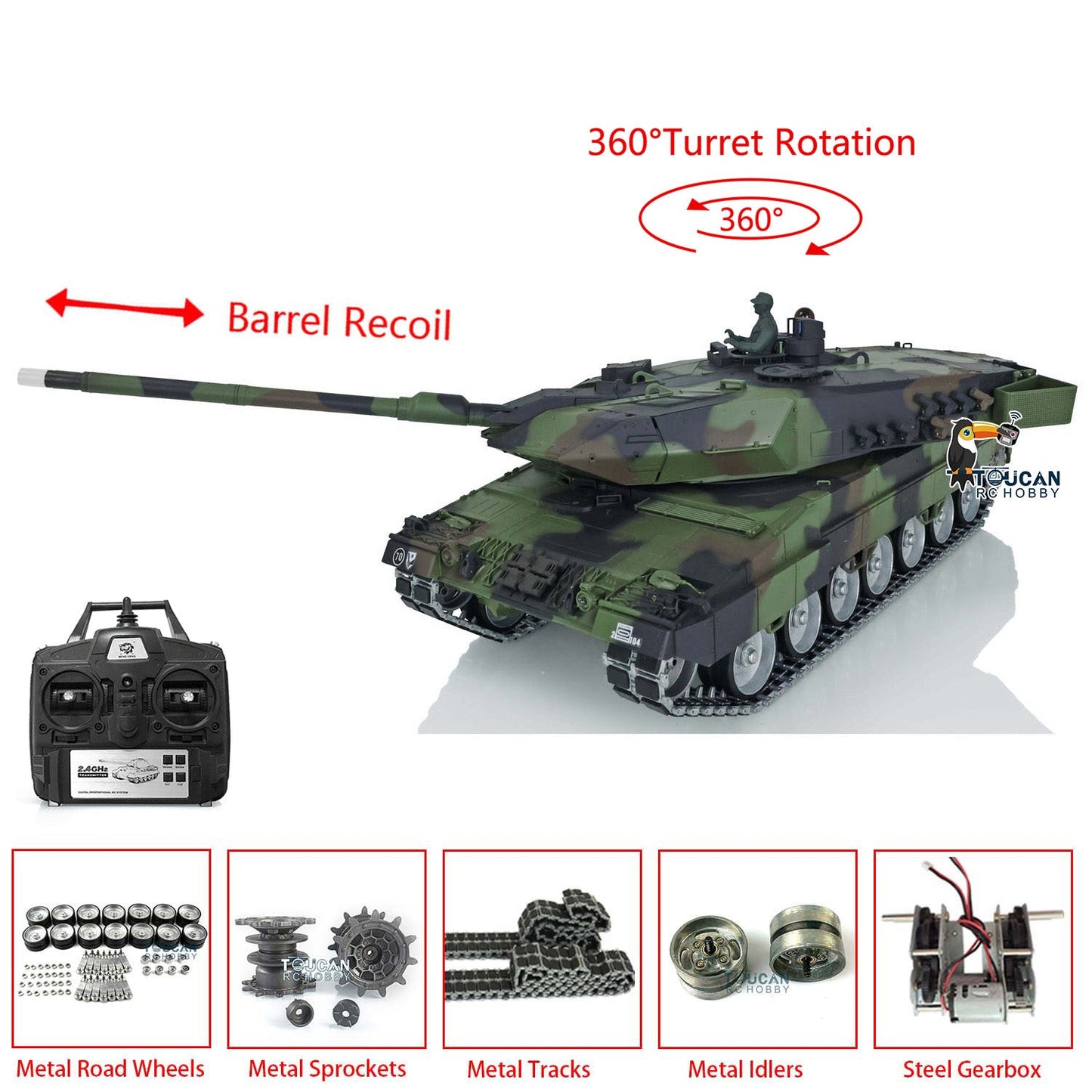 TOUCAN RC HOBBY Henglong 1/16 TK7.0 3889 Leopard2A6 RTR RC Tank 360 Degrees Turret Barrel Recoil Smoke BB IR Metal Single Rubber Tracks Sprockets Idlers Wheels Gearbox