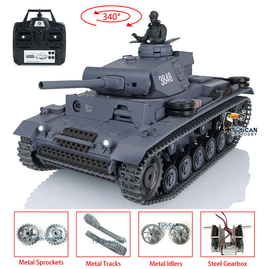 TOUCAN RC HOBBY US Stock 1/16 7.0 Heng Long Upgraded German Panzer III L RTR RC Tank Model 3848 Metal Tracks 340 Degree Turret Steel Gearbox Sound Smoke
