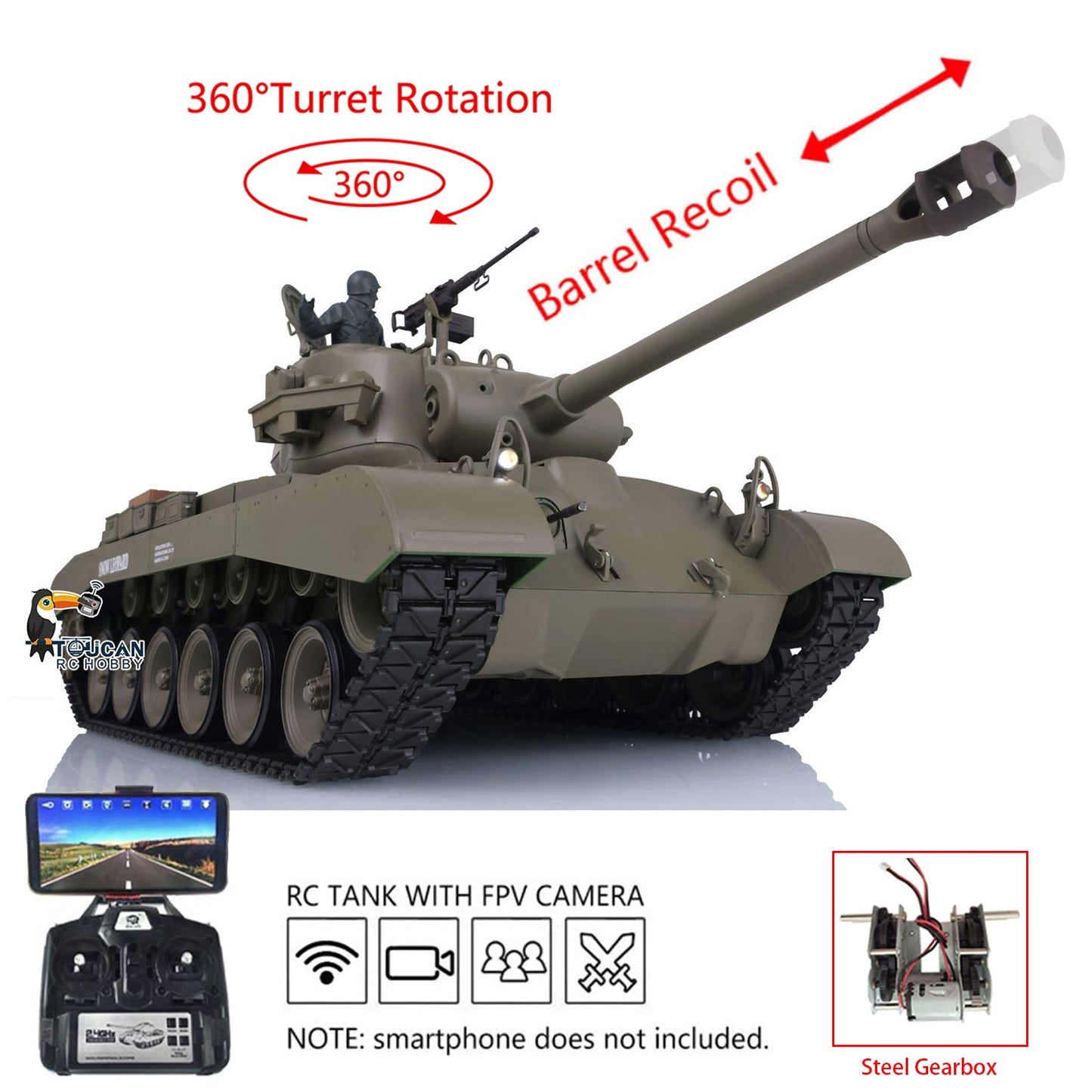TOUCAN RC HOBBY Henglong 1/16 Plastic TK7.0 3838 M26 RTR RC Tank Steel Gearbox FPV 360 Degrees Turret Infrared System Smoke BB Unit Sounds Lights