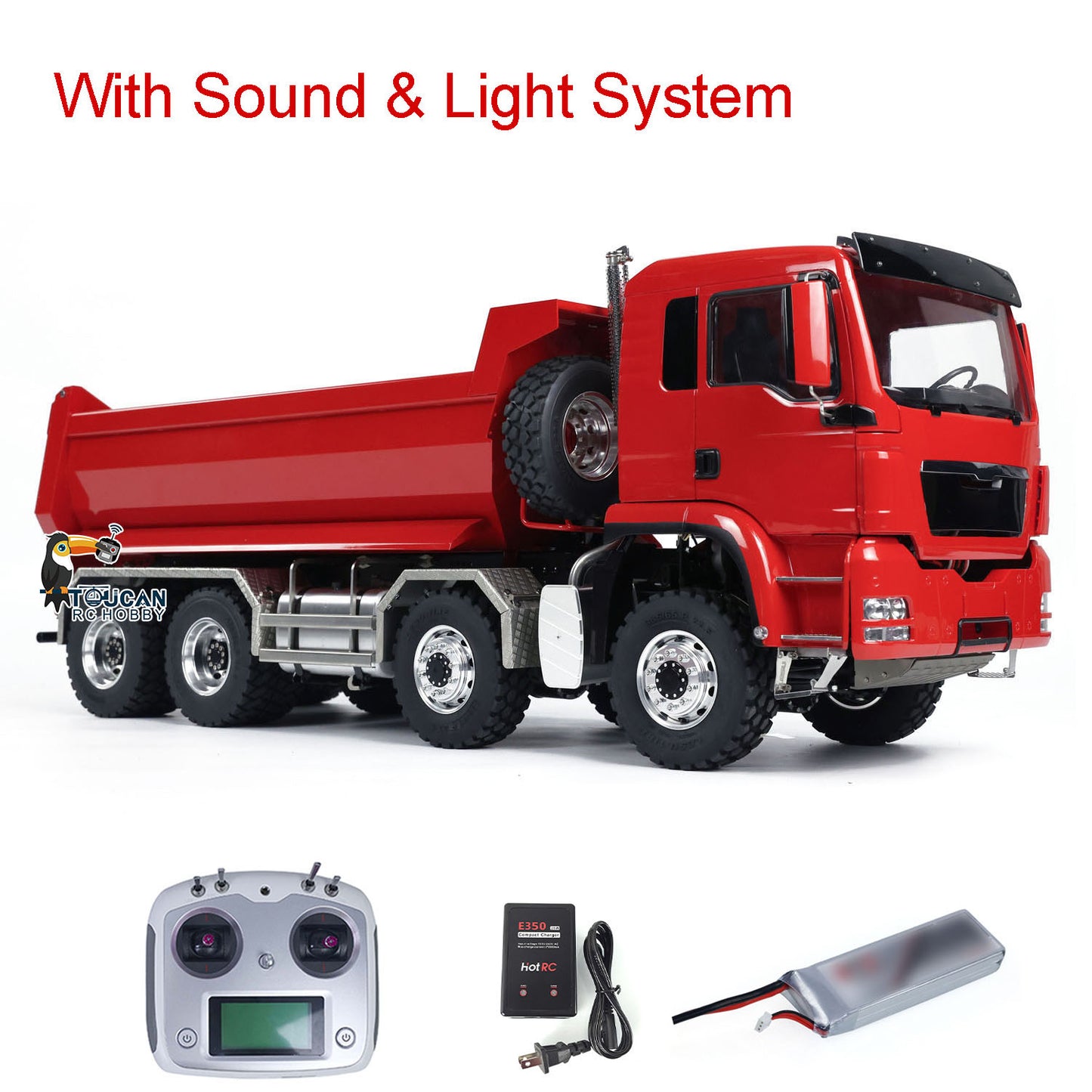 LESU 1/14 8x8 Metal Hydraulic RC Dump Truck Tipper 2 Speed Transmission Axles With Differential Lock FlySky I6S Remote Controller Sound Light System