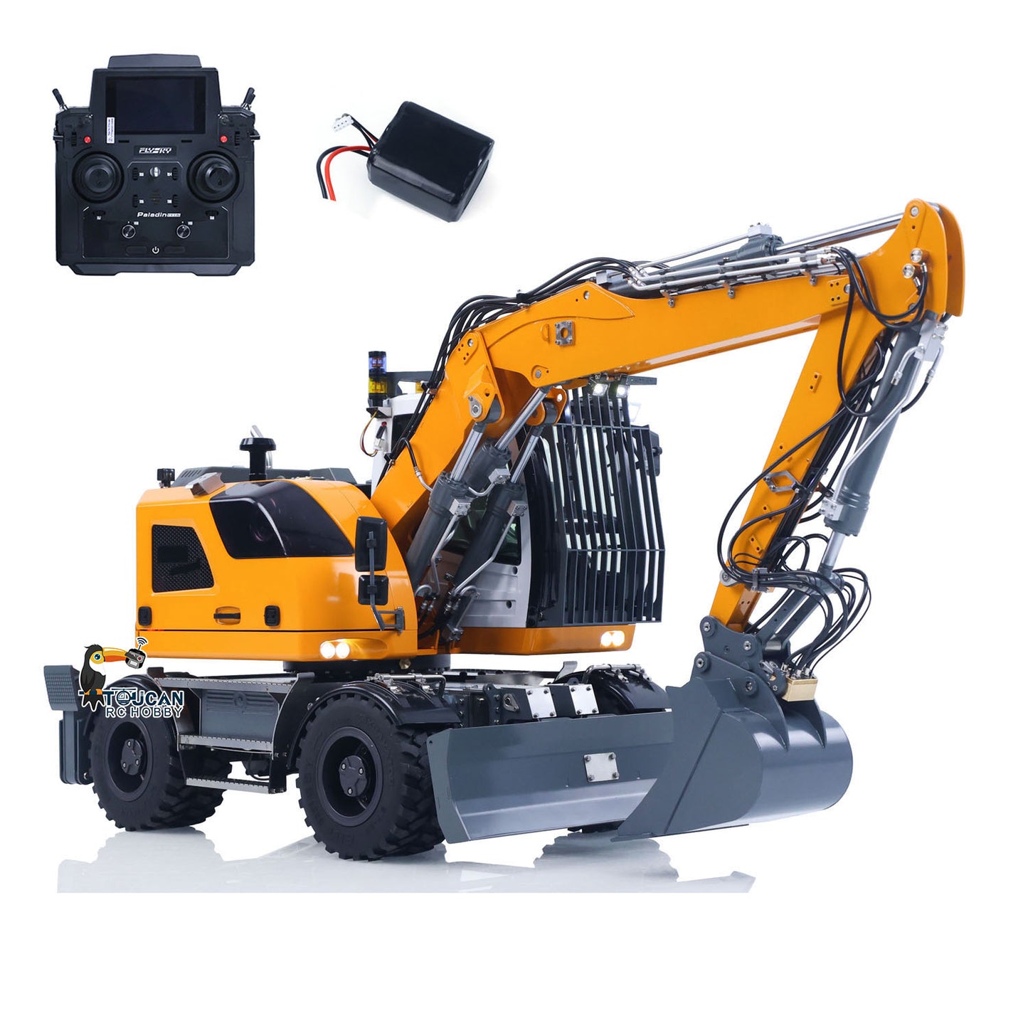 CUT Model LR914 PRO MAX 1/14 Metal RC Hydraulic Wheel Excavator RTR 11-Way Valve Axles Differential Lock Light & Sound System Quick Release Coupler Tail Hook for Hobby Collectors