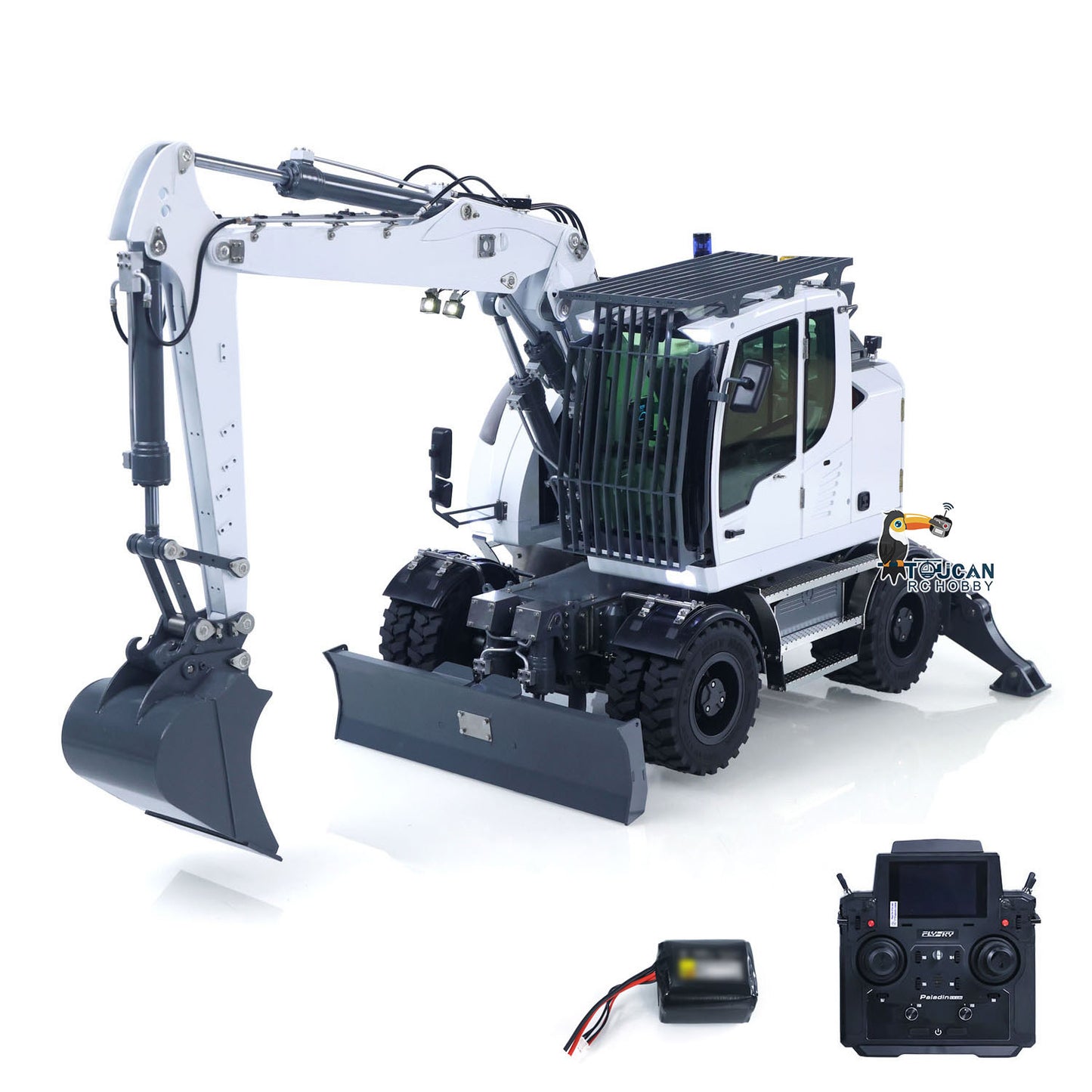 CUTModel LR914 1/14 Metal RC Hydraulic Wheel Excavator RTR 3 Arms 8-Way Valve Digger PL18EV Lite Controller Manual Quick Coupler Light & Sound System Cabin Guard Rail Tail hook for Model Collectors