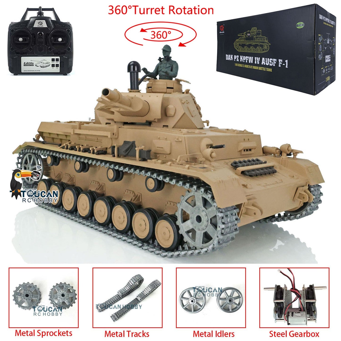 TOUCAN RC HOBBY Henglong 1/16 TK7.0 Promotion German Panzer IV F 3858 RTR RC Tank 360 Degrees Turret Smoke IR BB Metal Barrel Sprockets Idlers Wheels Tracks Gearbox