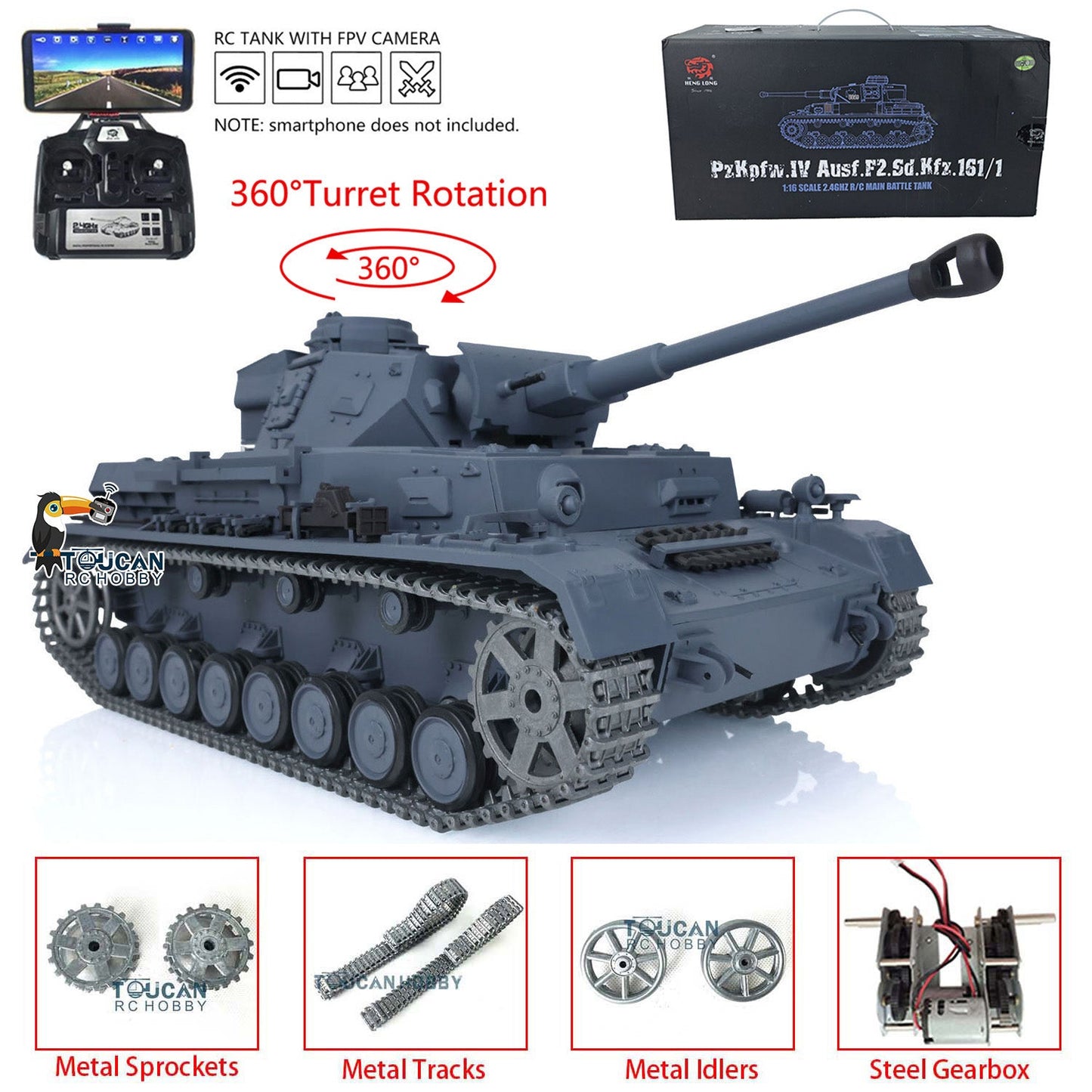 TOUCAN RC HOBBY Henglong 1/16 TK7.0 Promotion German Panzer IV F2 3859 RTR RC Tank 360 Degrees Turret Smoke Infrared Combat BB Metal Barrel Tracks Sprockets Idlers Wheels