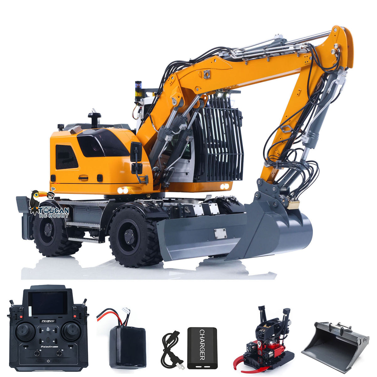 TOUCAN RC HOBBY CUT RC Hobby 4WD LR914 PRO MAX Metal 1/14 RC Hydraulic Wheeled Excavator 11-ways Valve Wrist Quick Coupler RTR RC Digger PL18EV Lite Battery