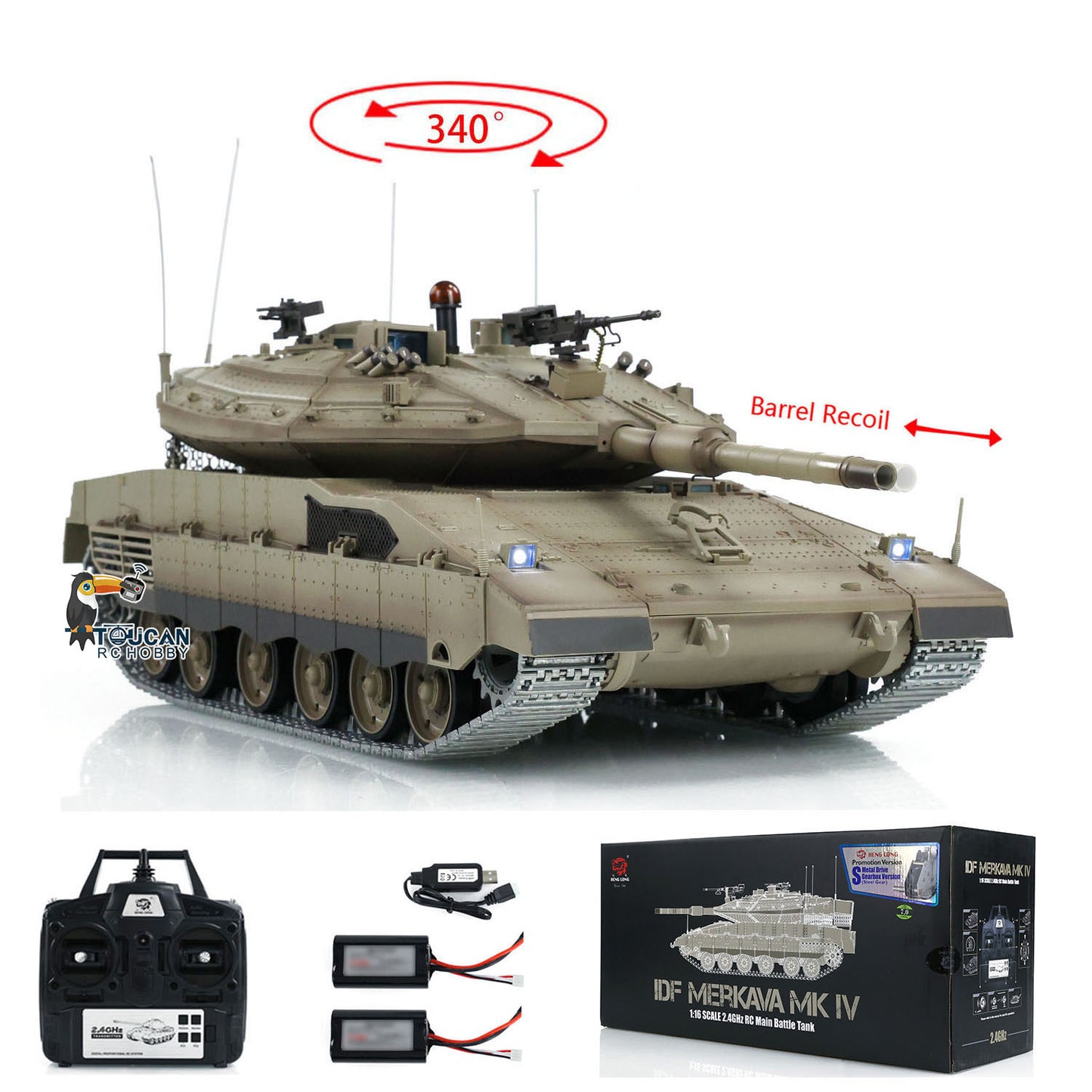 1/16 RC Tank Heng Long Merkava MK IV 3958 Remote Control Battle Tank Upgraded Metal Sprockets Smoke BB Shooting Dual Battery