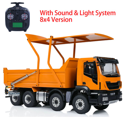 In Stock Metal 1/14 8x4 RC Tipper Truck Remote Control Hydraulic Dumper Lorry Car Model Flip-over Cover 2speed Transmission LED Lights Sound System