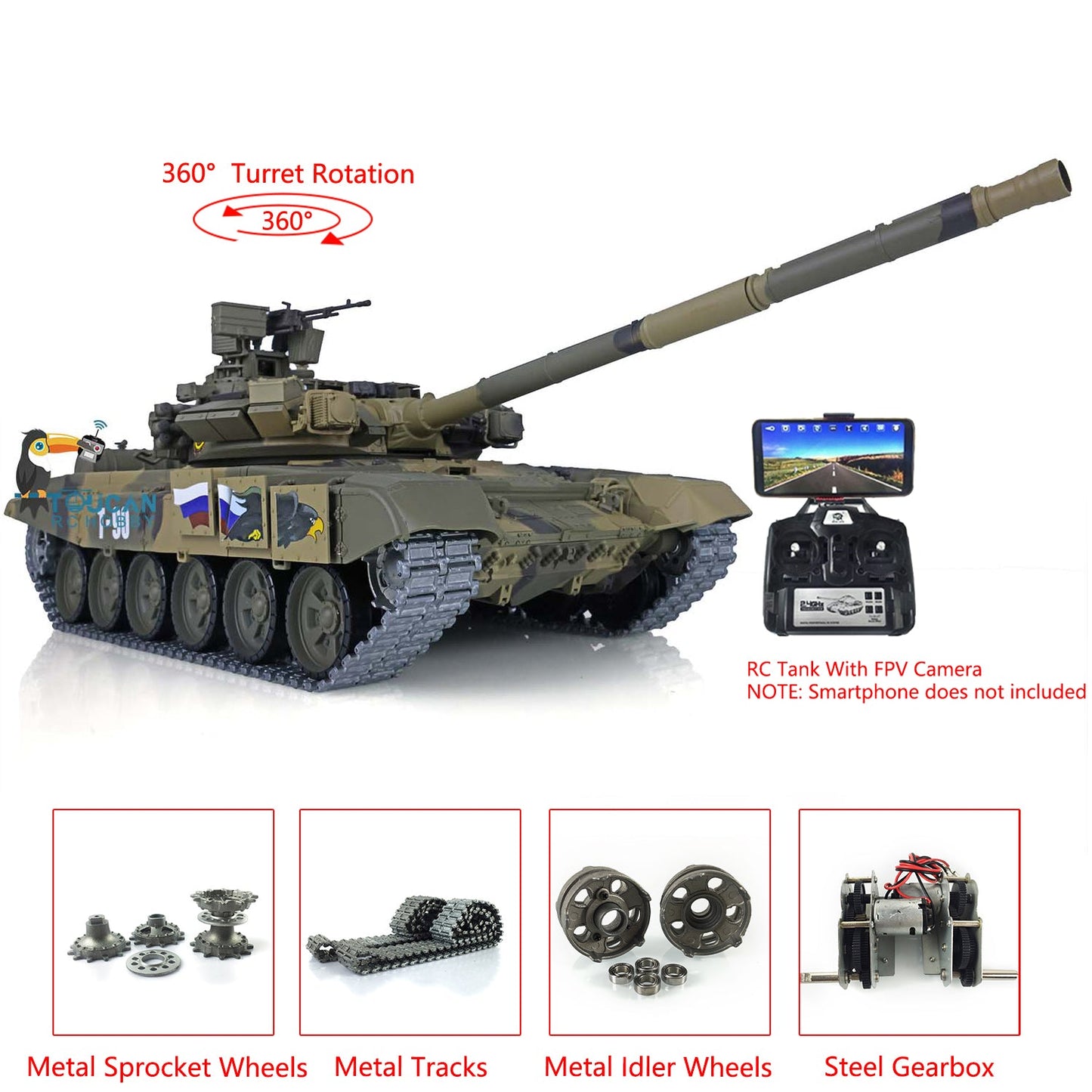 TOUCAN RC HOBBY Henglong 1/16 TK7.0 Plastic Russian T90 RTR RC Tank 3938 with Steel Gearbox Metal Barrel Recoil 360 Degrees Turret BB Unit Infrared Combat
