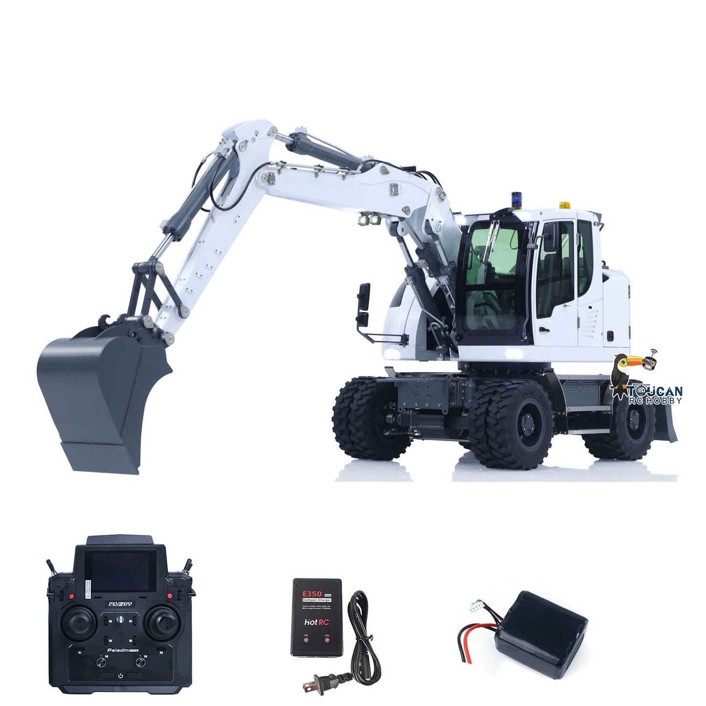 CUT Model LR914 1/14 Metal RC Hydraulic Wheel Excavator RTR 7-Way Valve 4x4 Differential Lock Warning Light Sound Quick Release Coupler LCD Display for Digger Collectors