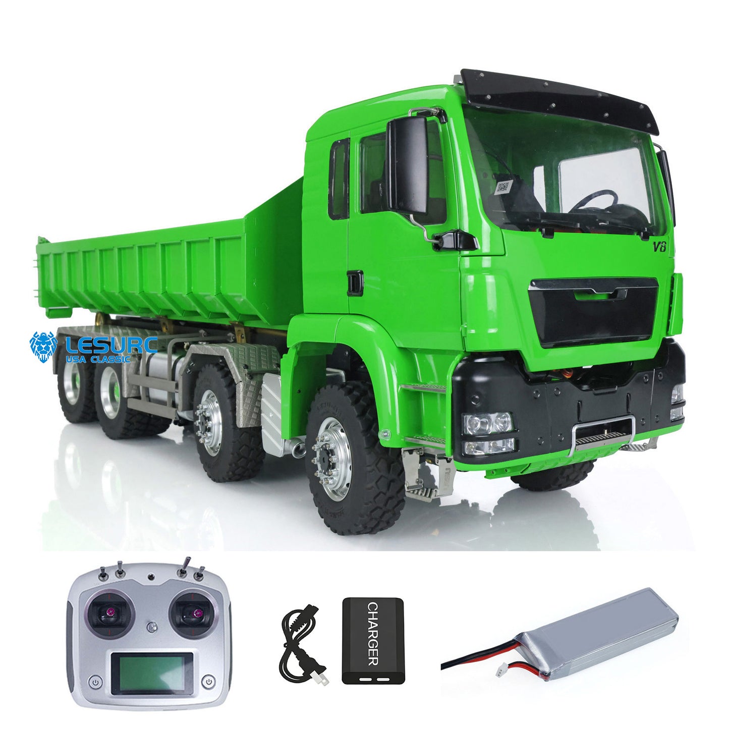 LESU 1/14 8x8 Metal Hydraulic RC Roll On Off Dump Truck 2 Speed Transmission FlySky I6S Radio Controller Sound Light System