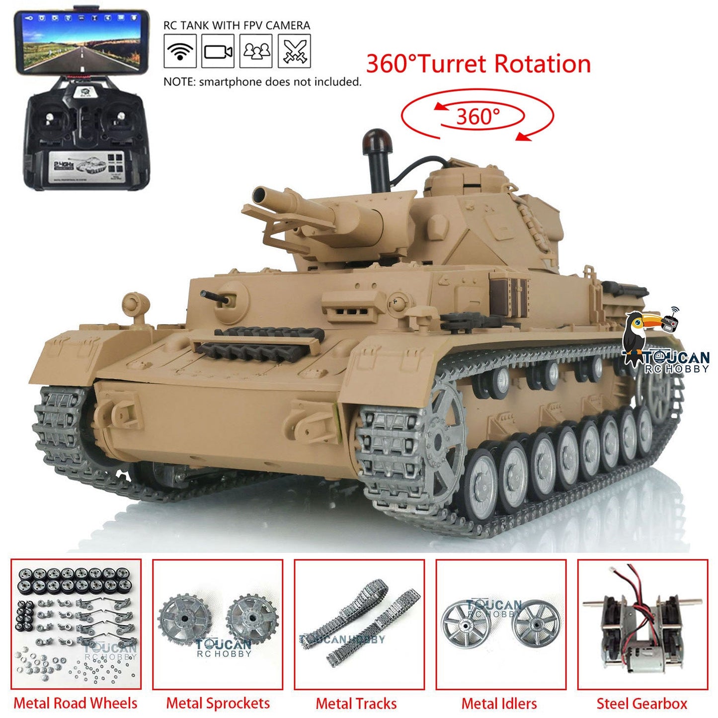 TOUCAN RC HOBBY Henglong 1/16 TK7.0 Profession German Panzer IV F2 F RTR RC Tank 3858 3859 360 Degrees Turret FPV IR BB Smoke Metal Tracks Sprockets Idlers Road Wheels Gearbox