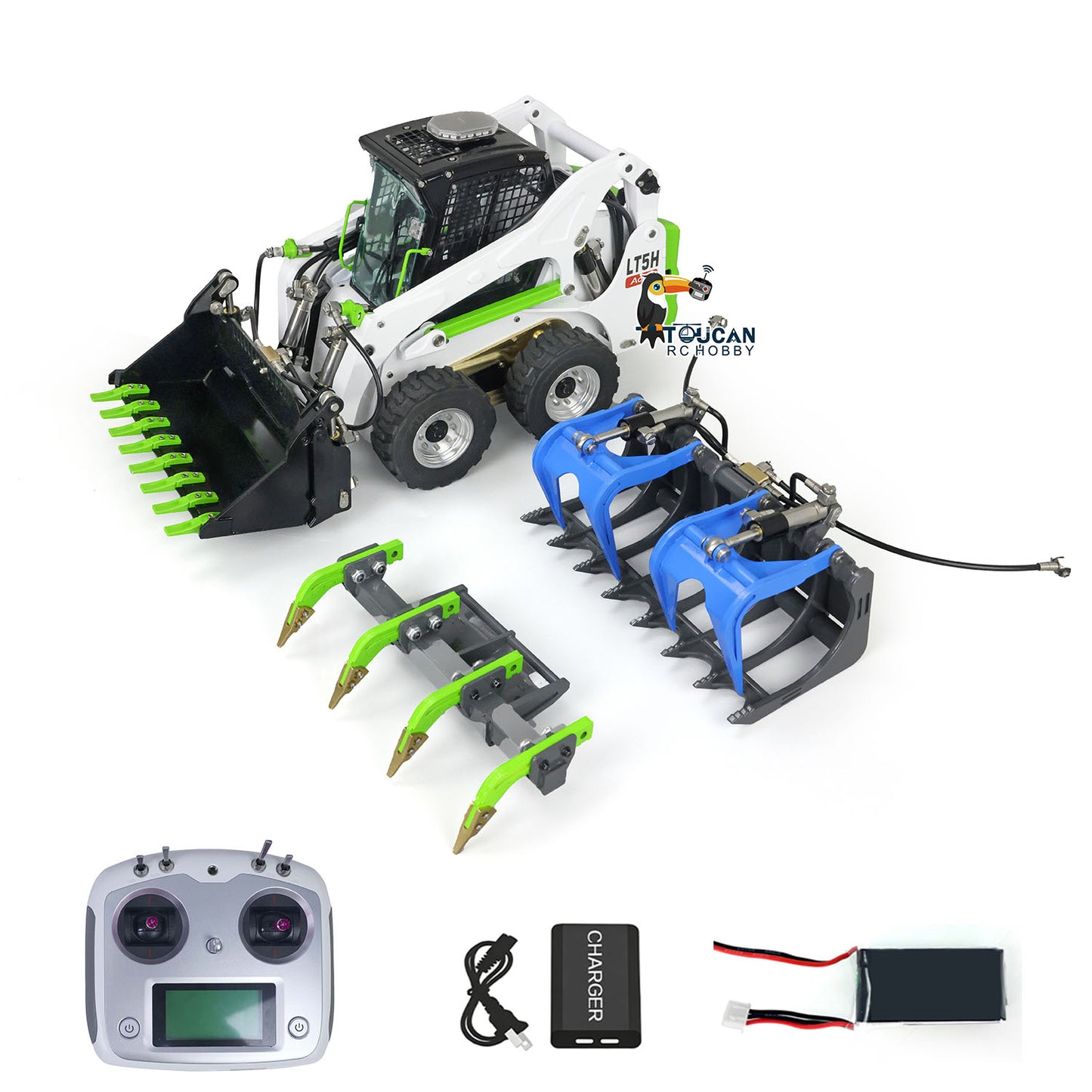 LESU 1/14 Metal Wheeled Skid-Steer Hydraulic RC Loader Aoue LT5H I6S RTR Painted Ripper Scarifier Gripper Sieve Bucket Trailer