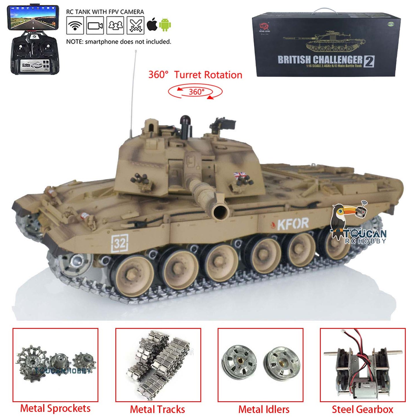 TOUCAN RC HOBBY Henglong 1/16 TK7.0 Promotion British Challenger II 3908 RTR RC Tank 360 Degrees Turret BB IR Smoke Sound Light Metal Sprockets Idlers Wheels