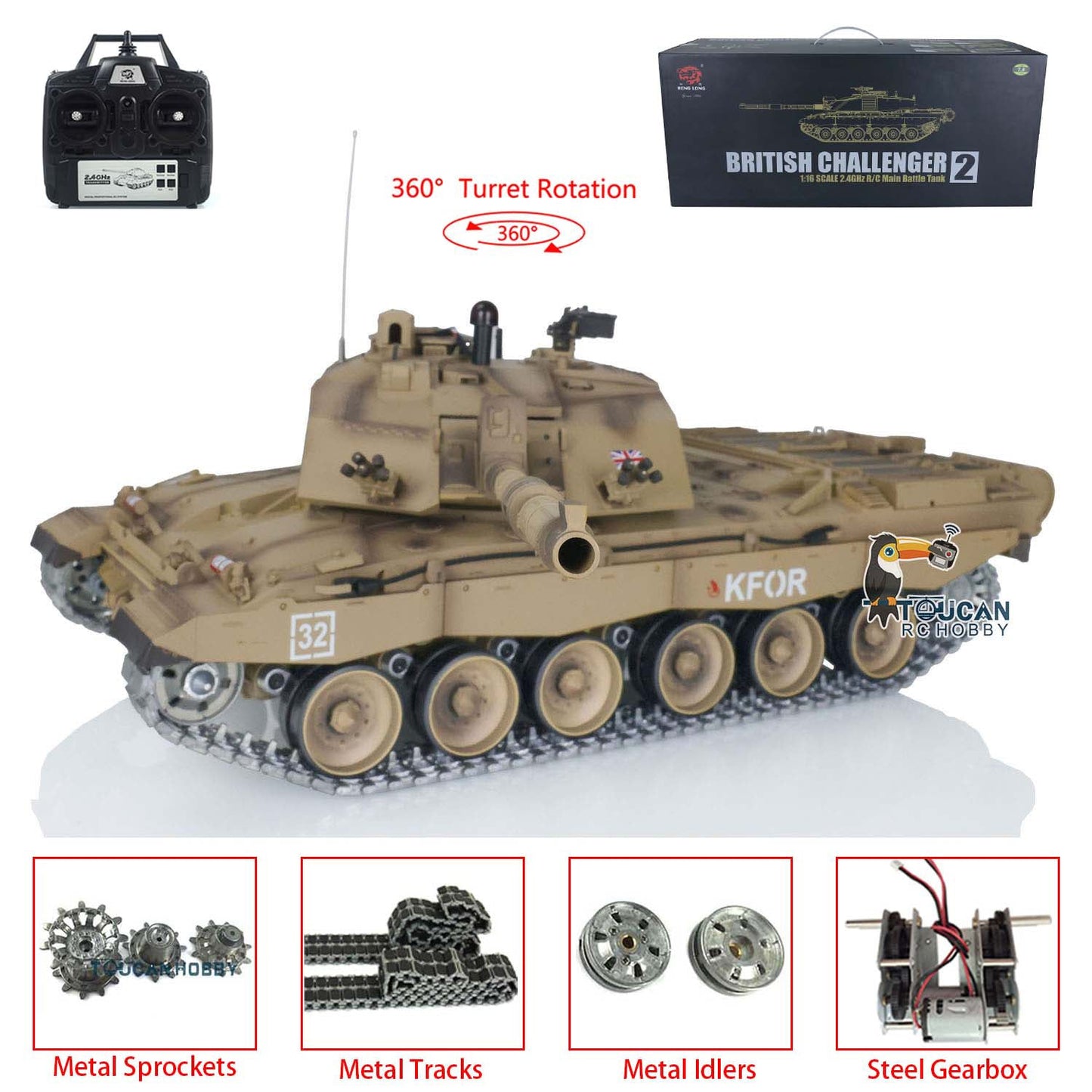 TOUCAN RC HOBBY Henglong 1/16 TK7.0 Promotin British Challenger II 3908 RTR RC Tank 360 Degrees Turret Infrared Combat BB Smoke Metal Sprockets Idlers Wheels Gearbox Tracks