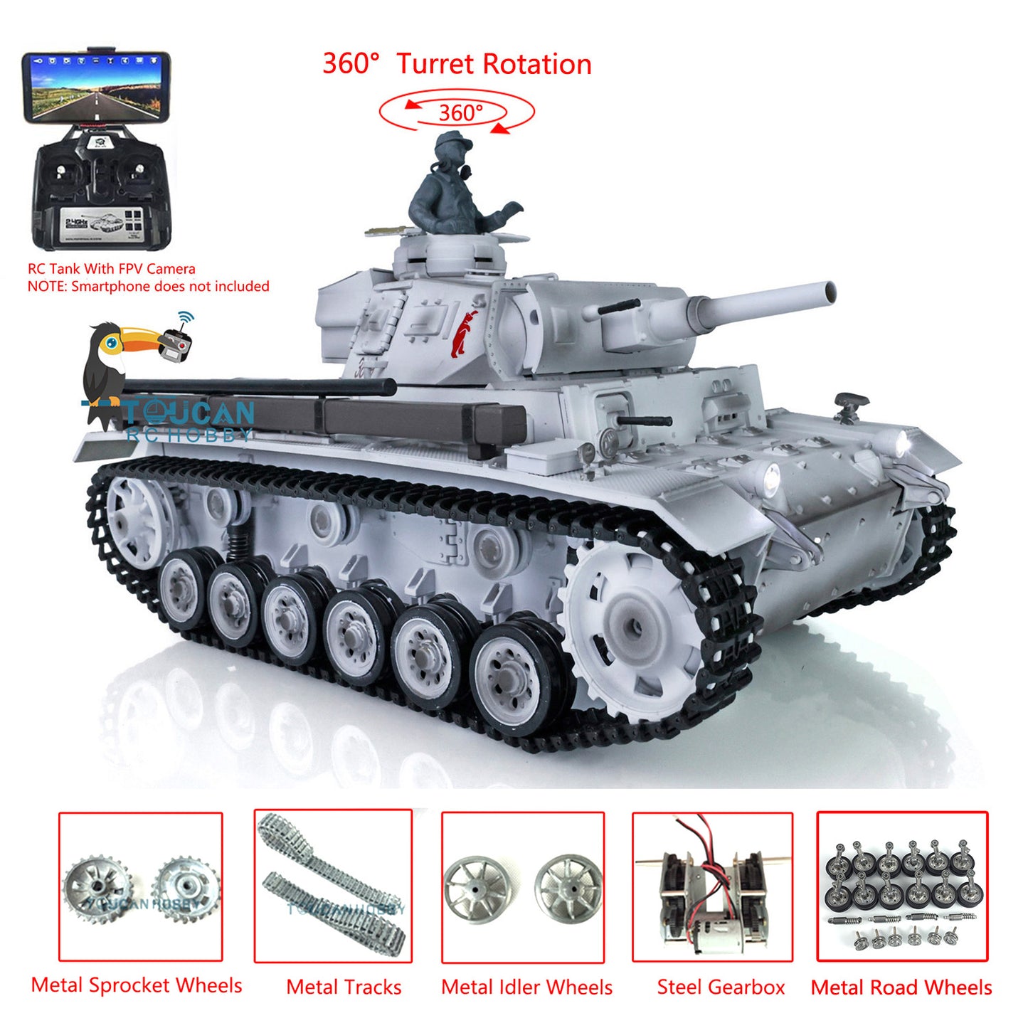Henglong 1/16 Snow FPV 7.0 Customized Panzer III H RTR RC Tank 3849 Metal Wheels Infrared Combating Transmitter&Receiver Radio Controller Battery