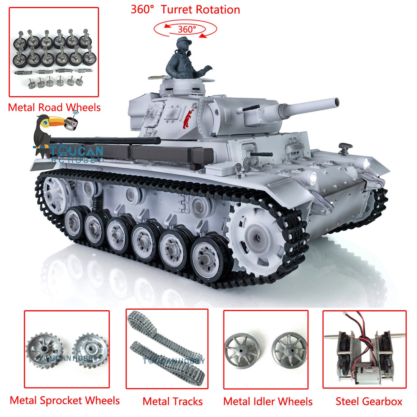 Henglong 1/16 Snow 7.0 Customized Panzer III H RTR RC Tank 3849 Metal Wheels Tracks Barrel Radio Controller 360 Degree Turret Rotation Infrared Combating Transmitter Receiver