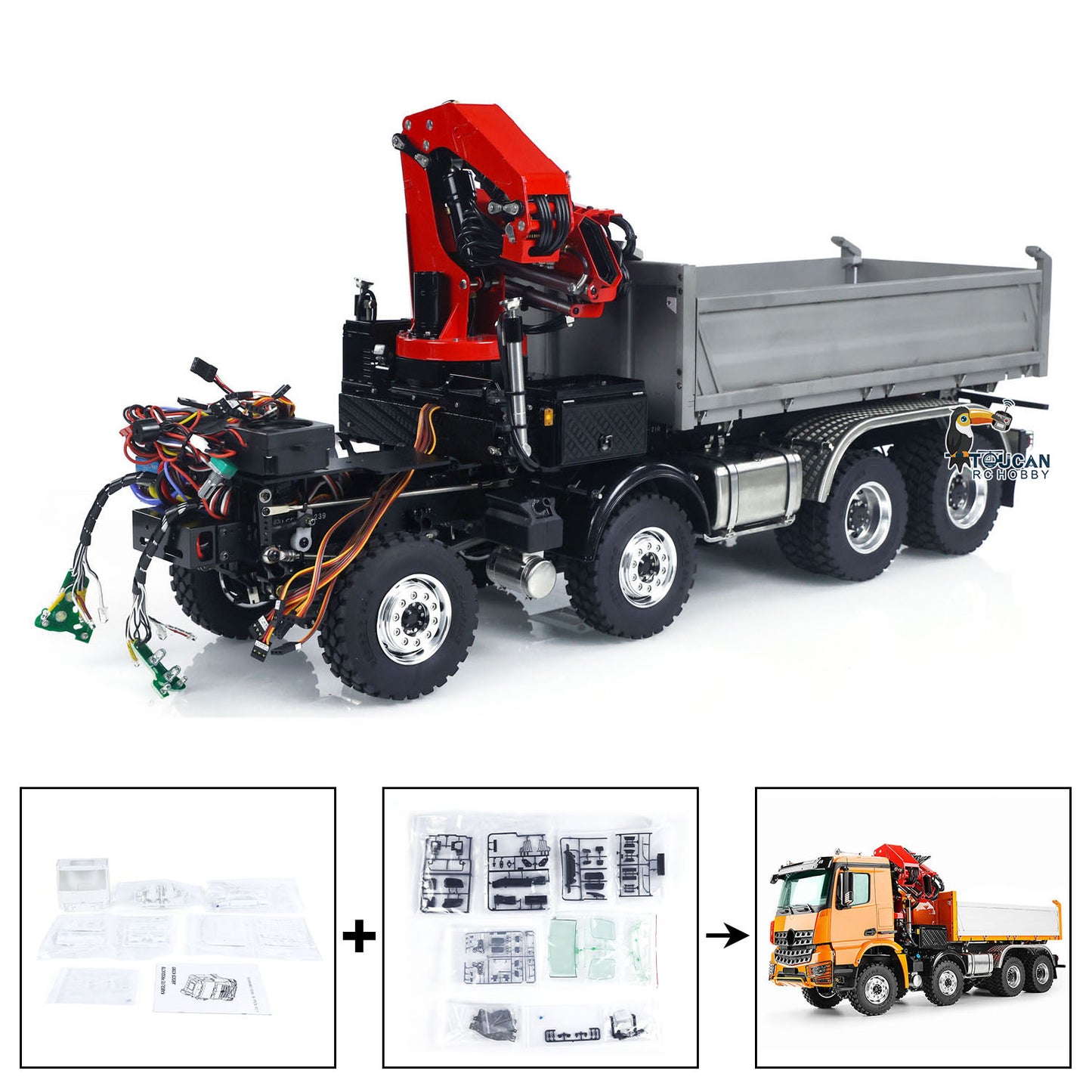 LESU 3348 1/14 Metal Hydraulic 3 Ways RC Dump Truck with Crane 2 Speed Transmission 7CH Valve Sound Light for Construction Vehicle Enthusiast