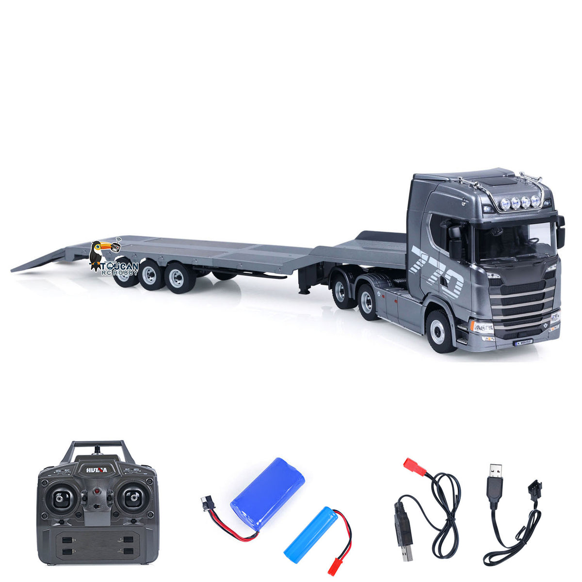 TOUCAN RC HOBBY US Stock HUINA 770S 1/18 Remote Control Tractor Truck Electric Support Legs Tail Board 3Axle Plastic Semi Flatbed Trailer RTR Model