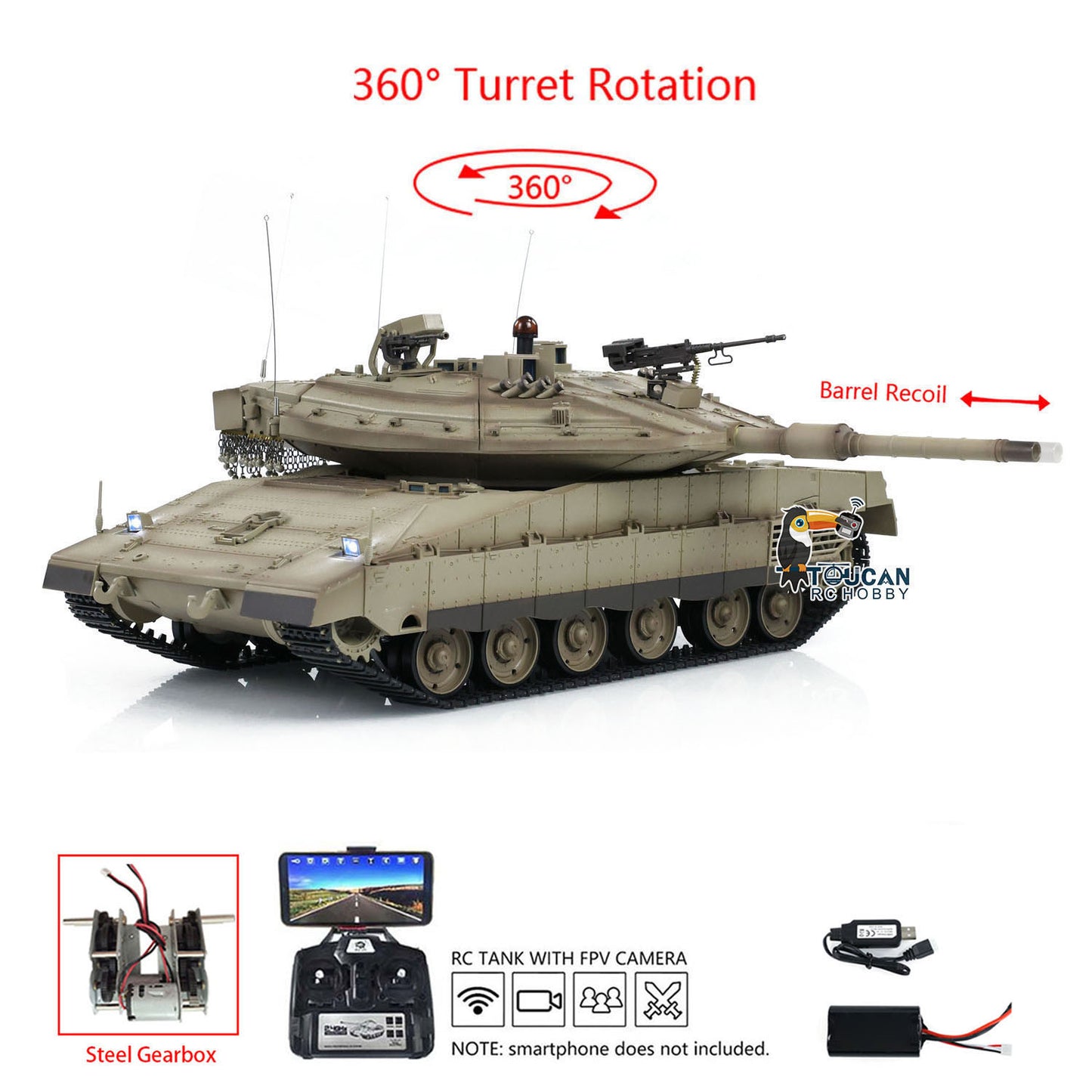 Henglong 3958 1/16 RC Tanks IDF Merkava MK IV Standard FPV Camera Driving Gearbox 360 Rotating Barrel Recoil Models