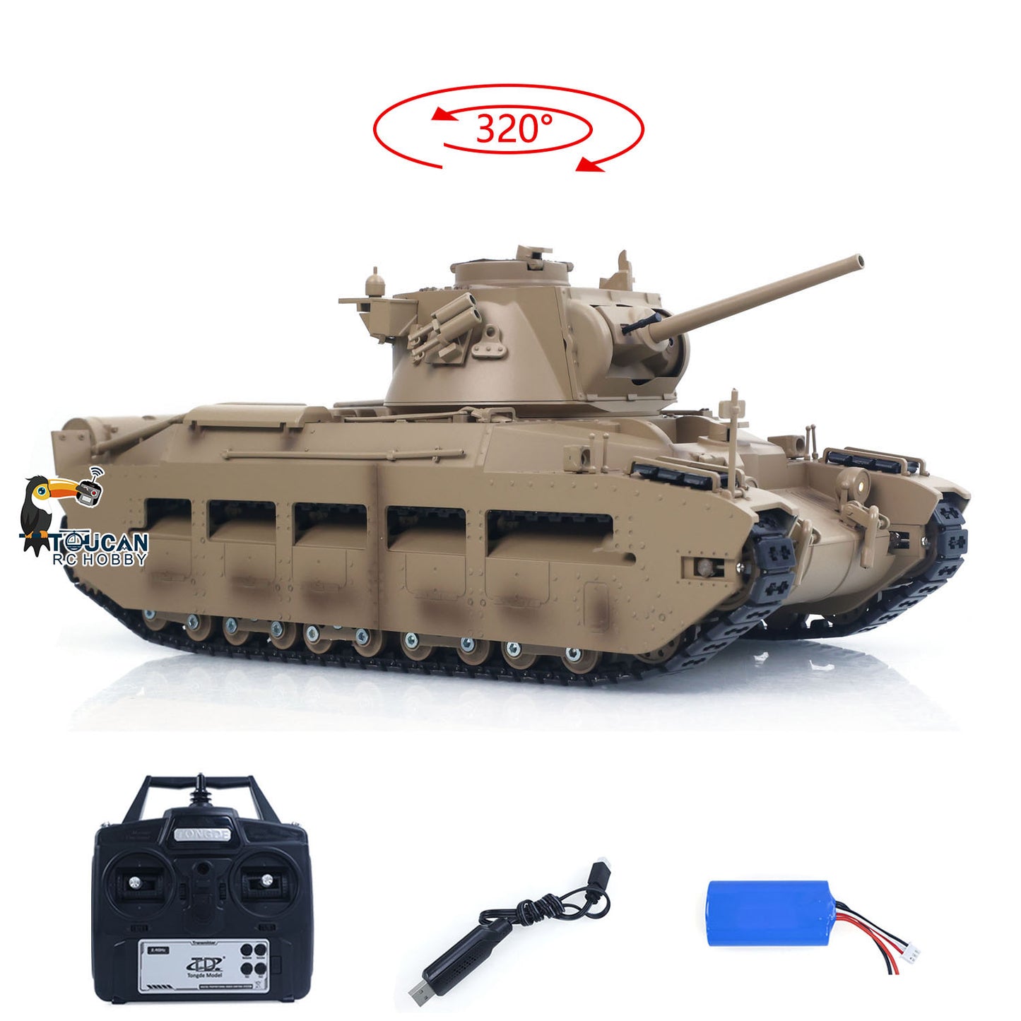 US Stock Tongde 1/16 Remote Control Military Tank Matilda III IV Turret Rotation 320 Degree IR Lights Sounds RC Electric Model Smoke Unit