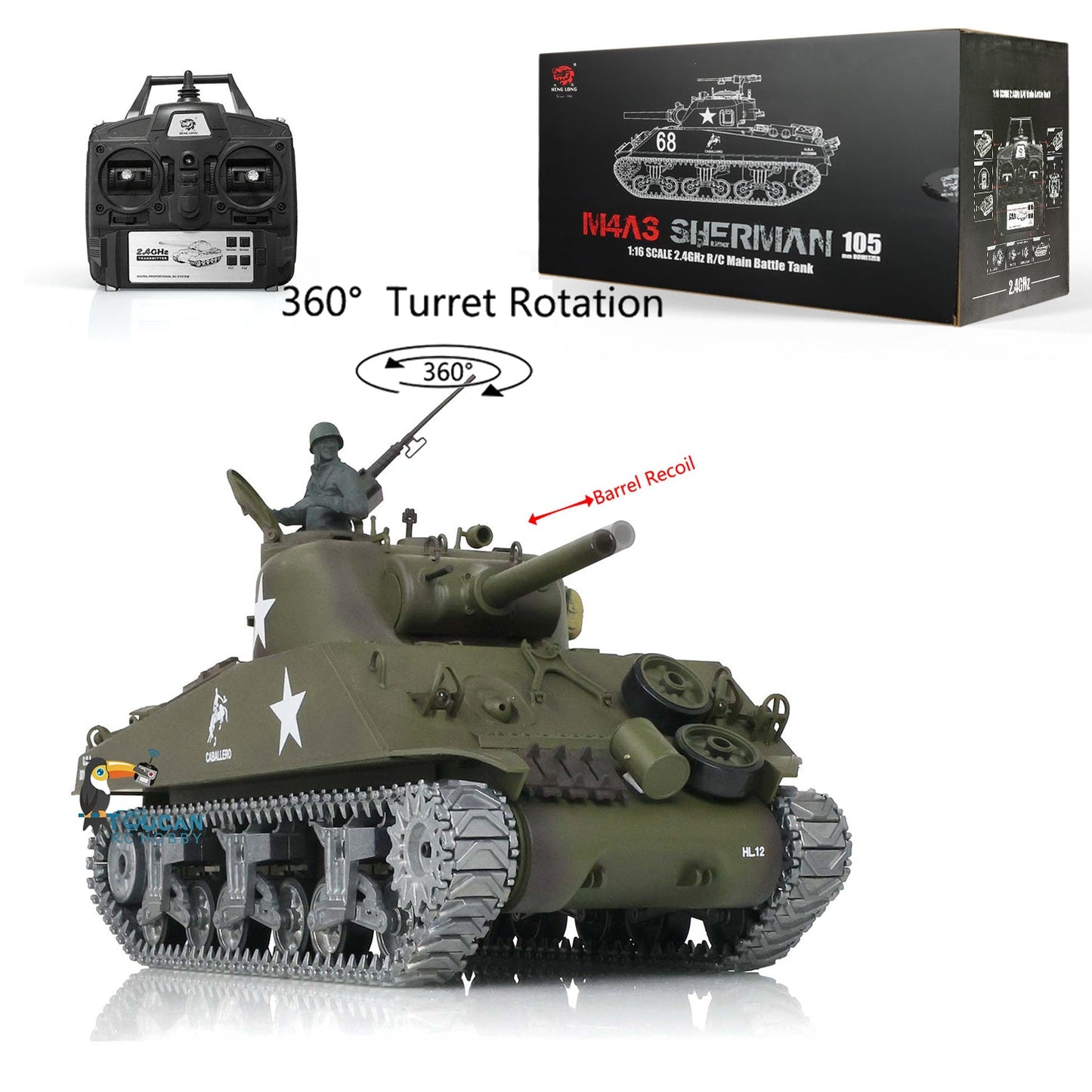 TOUCAN RC HOBBY Henglong 1/16 TK7.0 3898 M4A3 Sherman RTR RC Tank with 360 Degrees Turret FPV IR BB Smoke Barrel Recoil Metal Tracks Sprockets Idlers Road Wheels