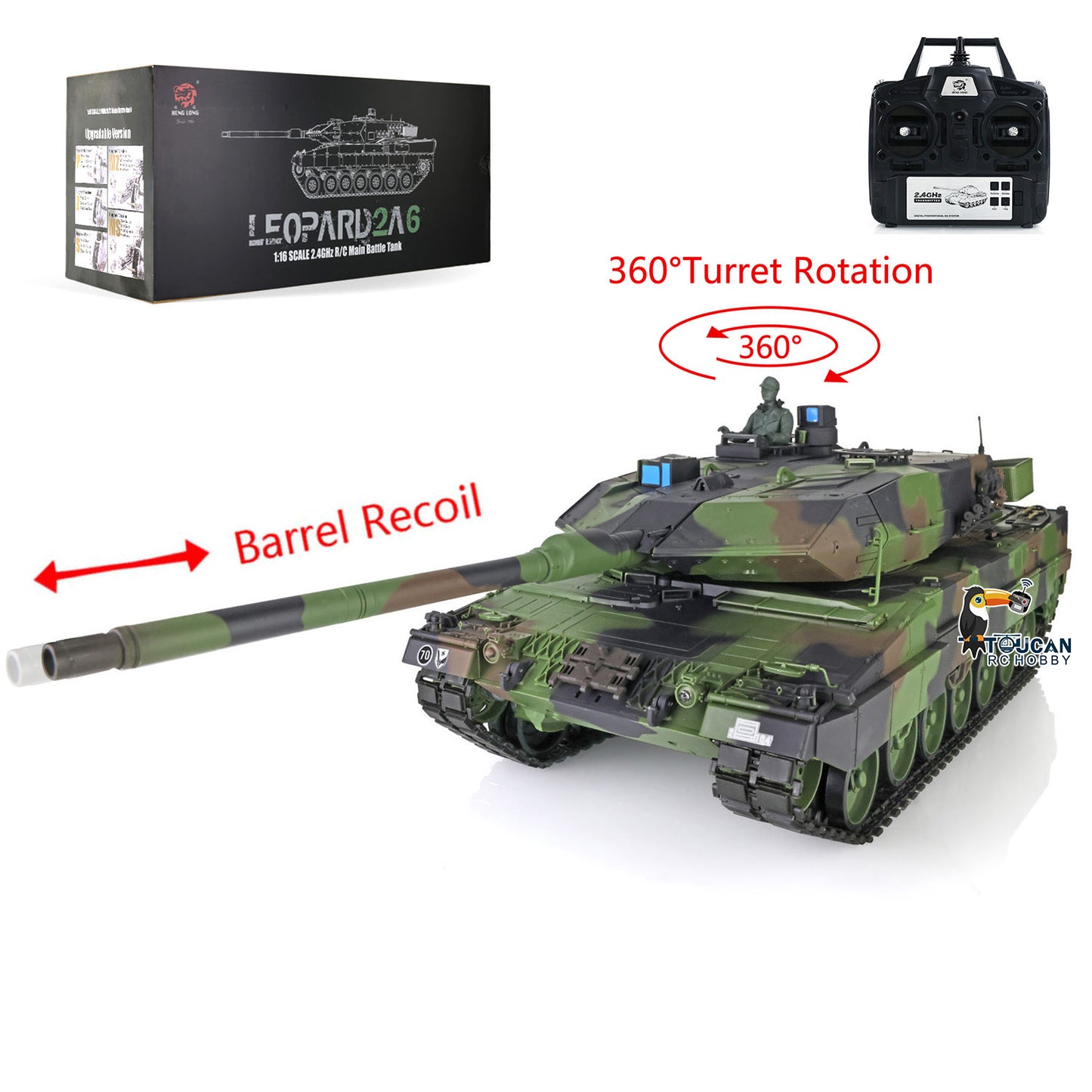 1/16 Heng Long TK7.0 Leopard2A6 RC Main Battle Tank 3889 W/ 360Degrees Rotating Turret Barrel Recoil Airsoft BBs Smoke Light Sound