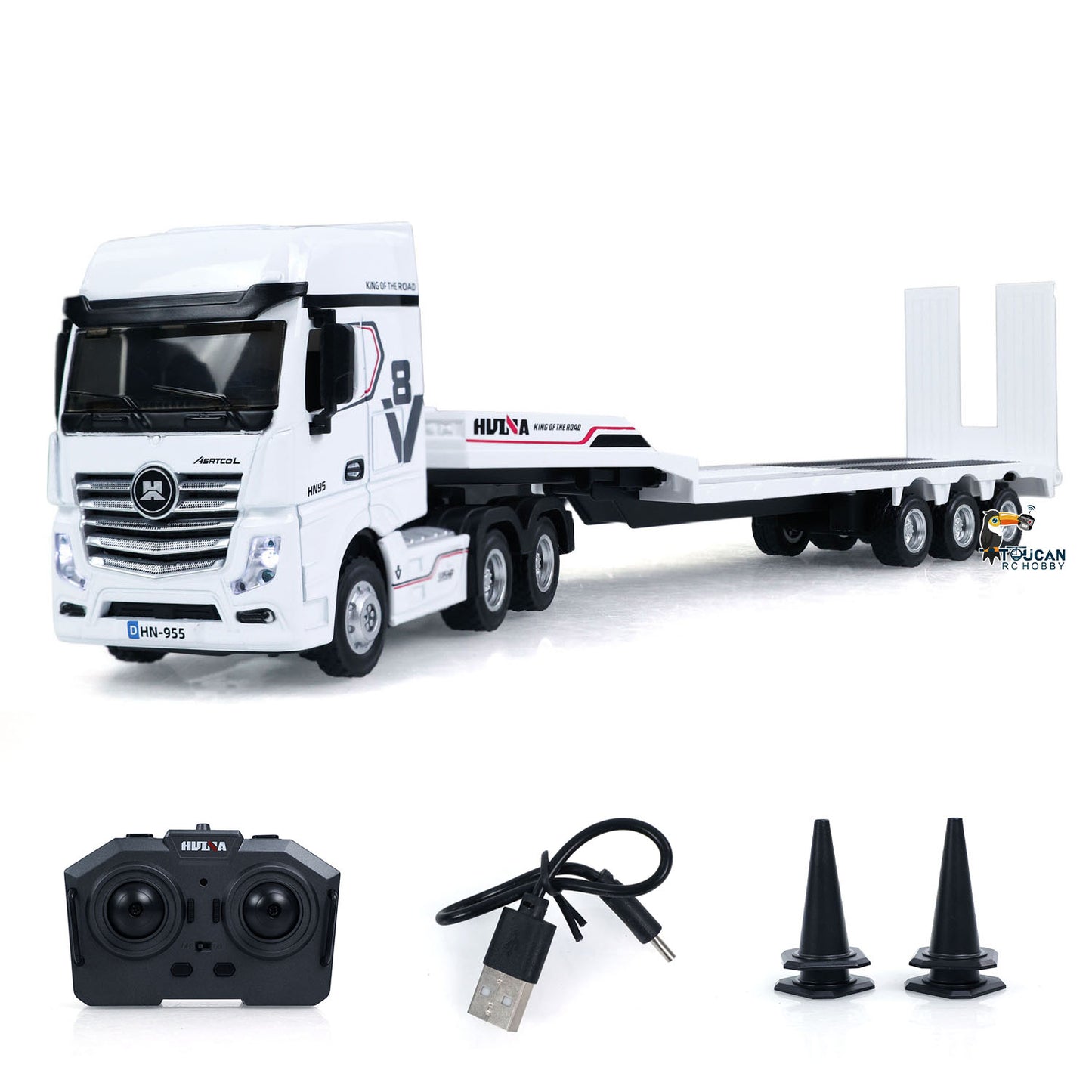 HUINA 9900 1/64 Plastic Remote Control Tractor Truck W/ 3Axle Plastic Semi Flatbed Trailer Lights Sound Effect Manual Support Legs