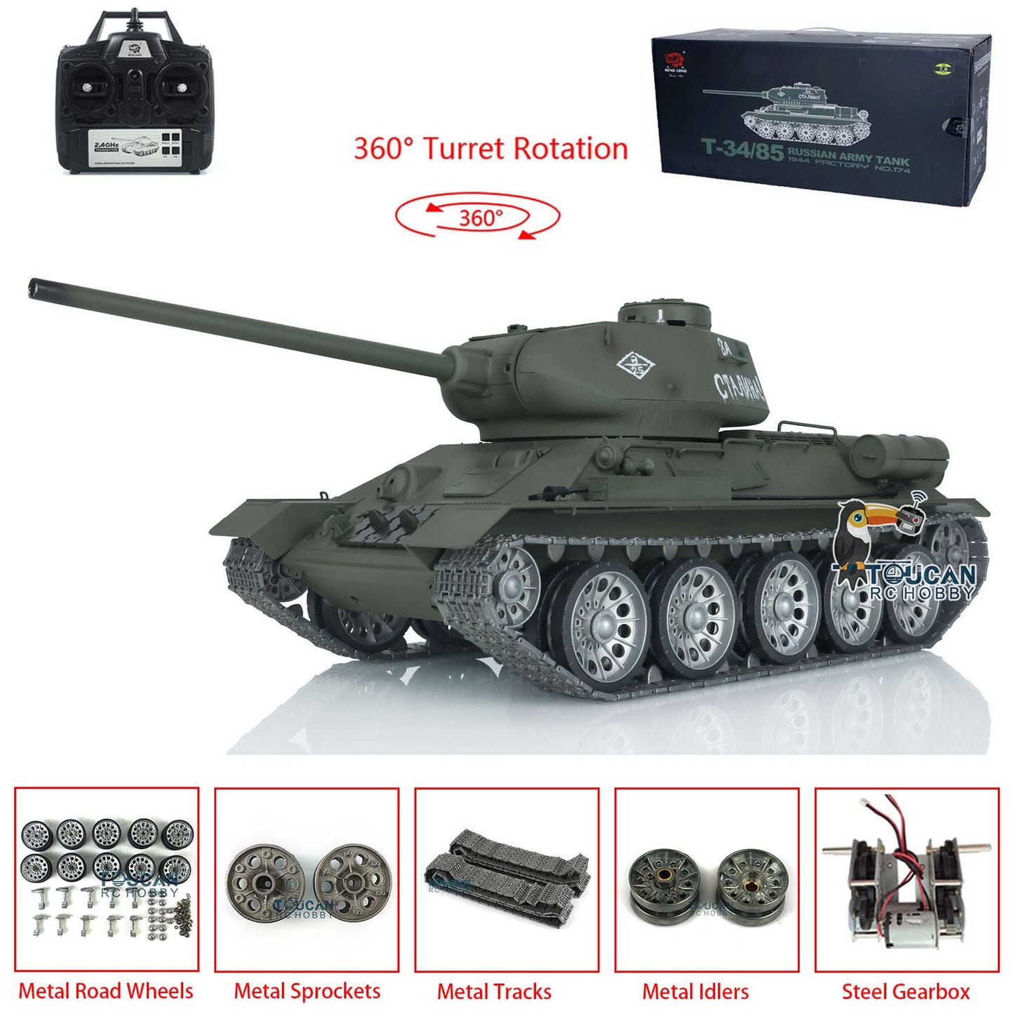 Henglong 1/16 7.0 Soviet T34-85 RC Tank 3909 360 Degrees Metal Wheels Tracks Wheels Suspension Radio Controller Infrared Combating Transmitter & Receiver