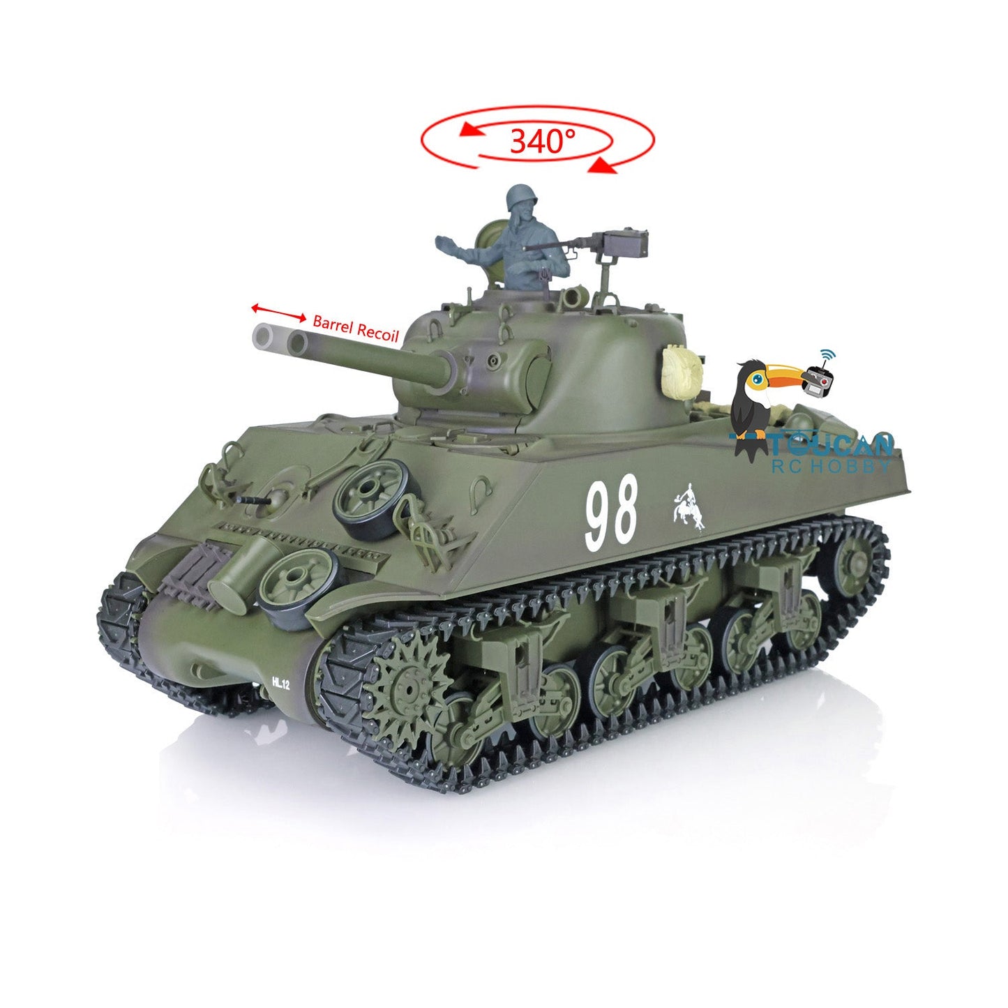 TOUCAN RC HOBBY Henglong 2.4G 1/16 TK7.0 Plastic USA M4A3 Sherman 3898 RTR RC Tank with Barrel Recoil BB Infrared Combat Smoke Light Sound Metal Barrel