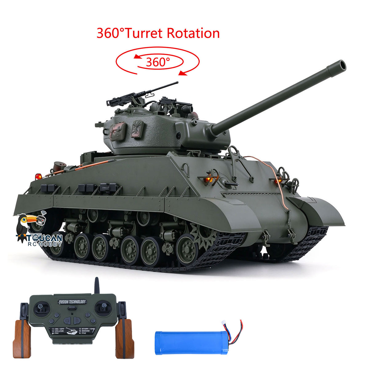 TOUCAN RC HOBBY HHRC Sherman M4A3 1/16 RC Tank Upgraded Side Skirts Infrared System Barrel Elevation Smoke Unit Metal Chassis Gearbox 360 Degrees Turret