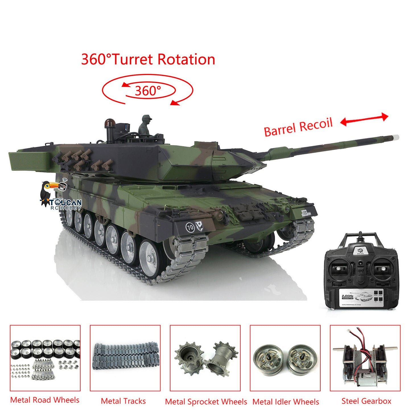 Henglong 1/16 7.0 Customized Leopard2A6 RC Tank 3889 w/ Metal Tracks Road Wheels Barrel Recoil 360Degrees Rotating Turret Engine Sound