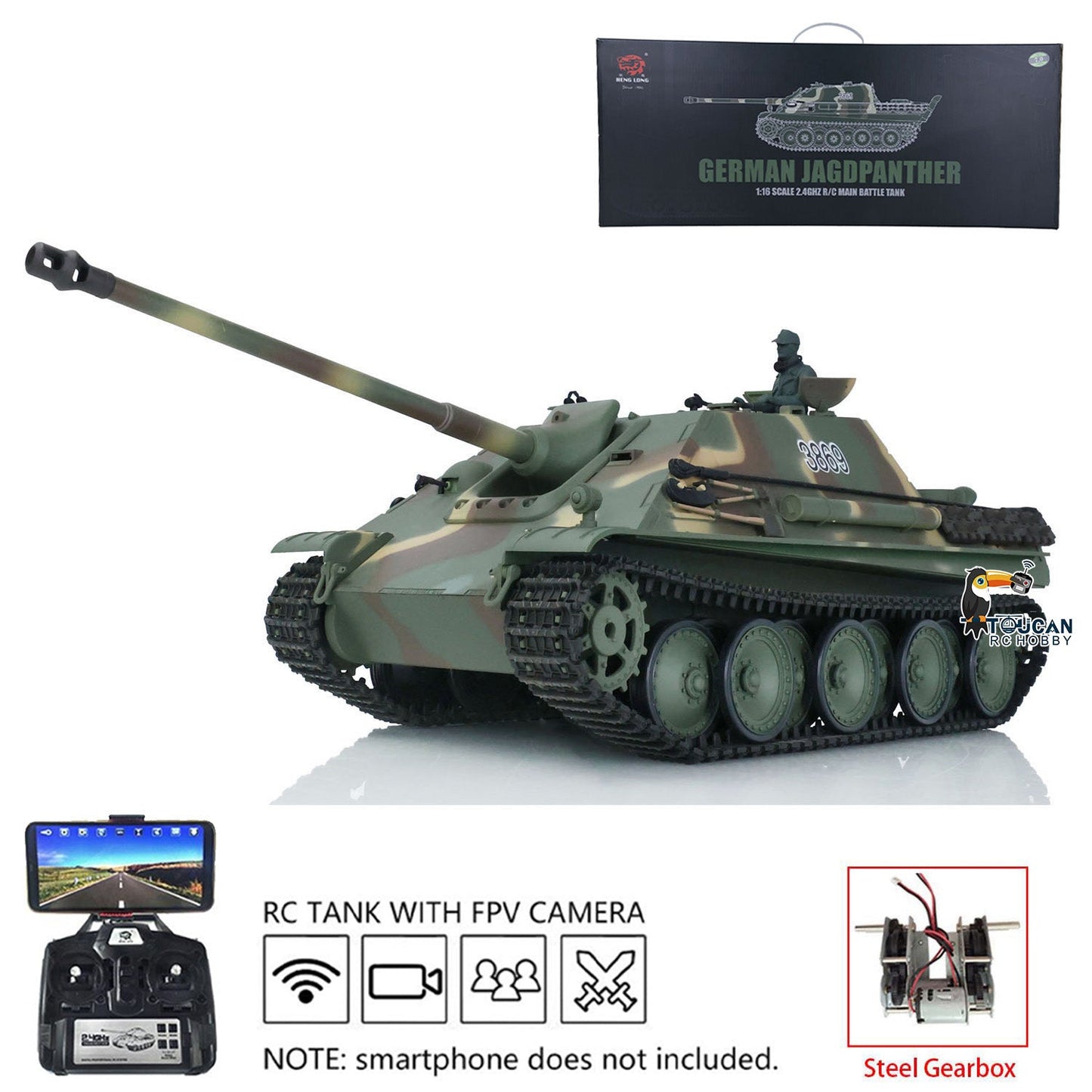 TOUCAN RC HOBBY Henglong 1/16 TK7.0 Plastic German Jadpanther 3869 RTR RC Tank FPV Infrared Combat BB Unit Smoke Steel Gearbox Metal Barrel