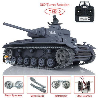 Henglong 1/16 Upgraded German Tank 3848 RC Tank Panzer III L 7.0 w/ 360Degrees Rotating Turret 2 Sounds for Radio Control Tank for