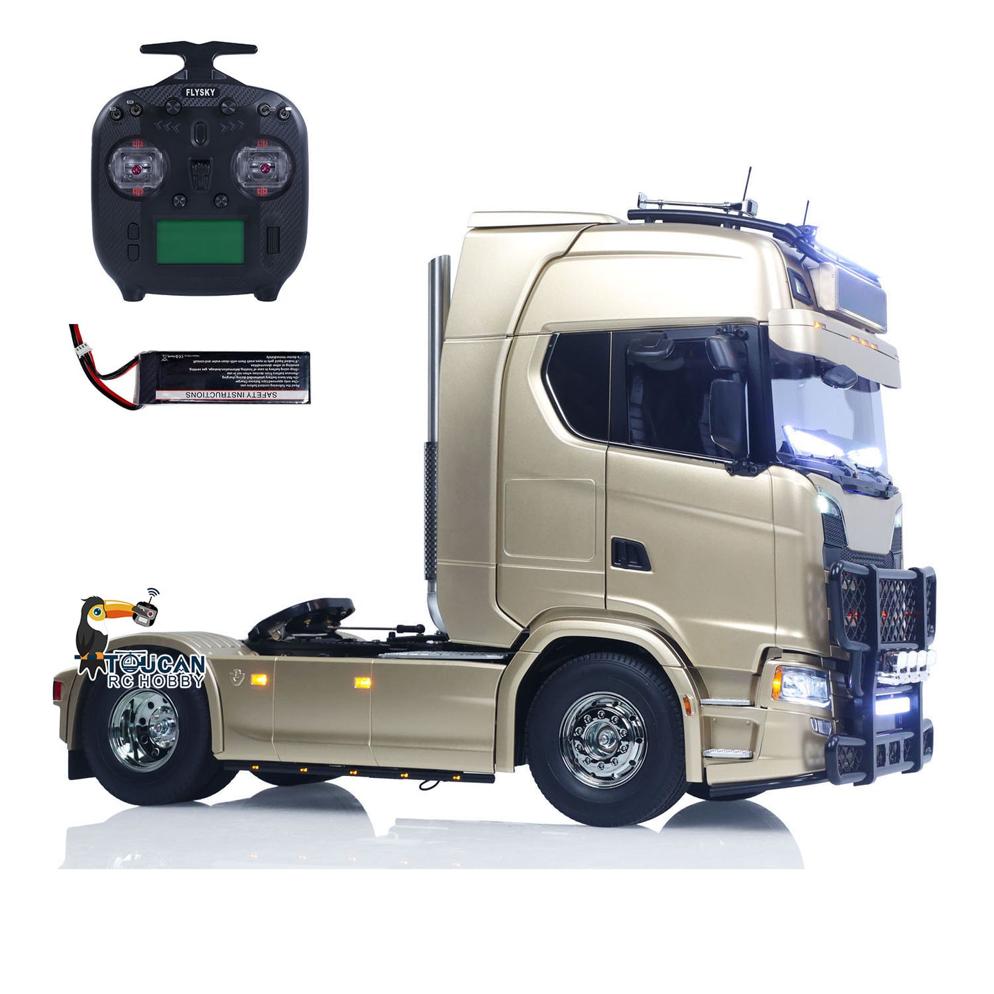 Plastic 1/14 RC Tractor Truck 56379 Remote Control Construction Vehicle Customized by Toucanhobby 4X2 Chassis 3Speed Gearbox Flowing Water Light Smoke Unit ST8 Radio RTR