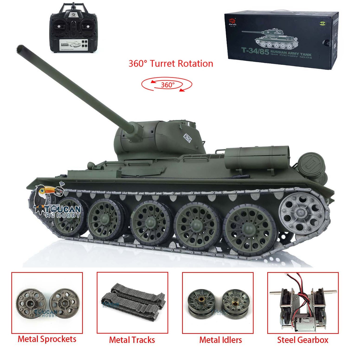 TOUCAN RC HOBBY Henglong 1/16 TK7.0 Promotion Soviet T34-85 RTR RC Tank 3909 with 360 Degrees Turret BB Infrared Combat Smoke Metal Sprockets Idlers Wheels